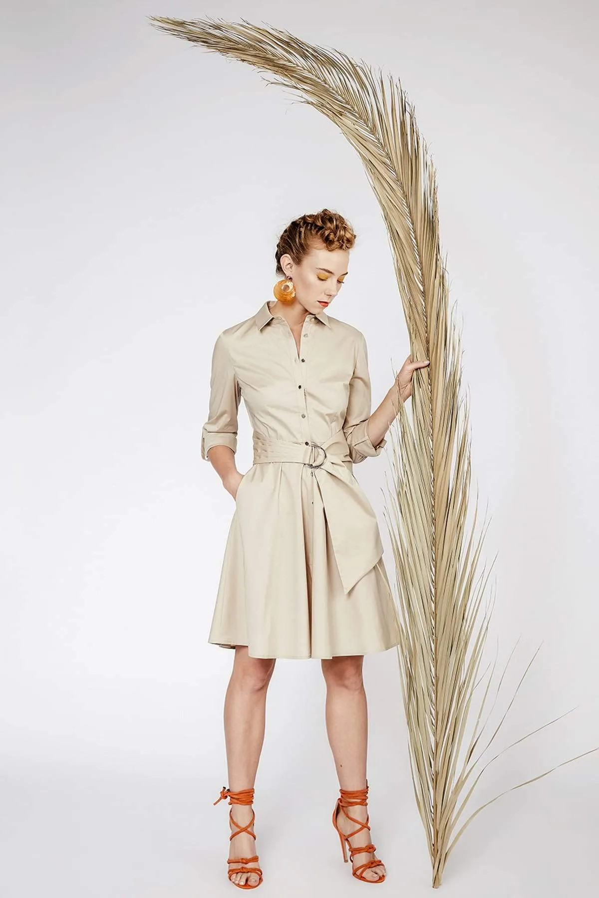 12850 Beige Buckle Belt Shirt Dress
