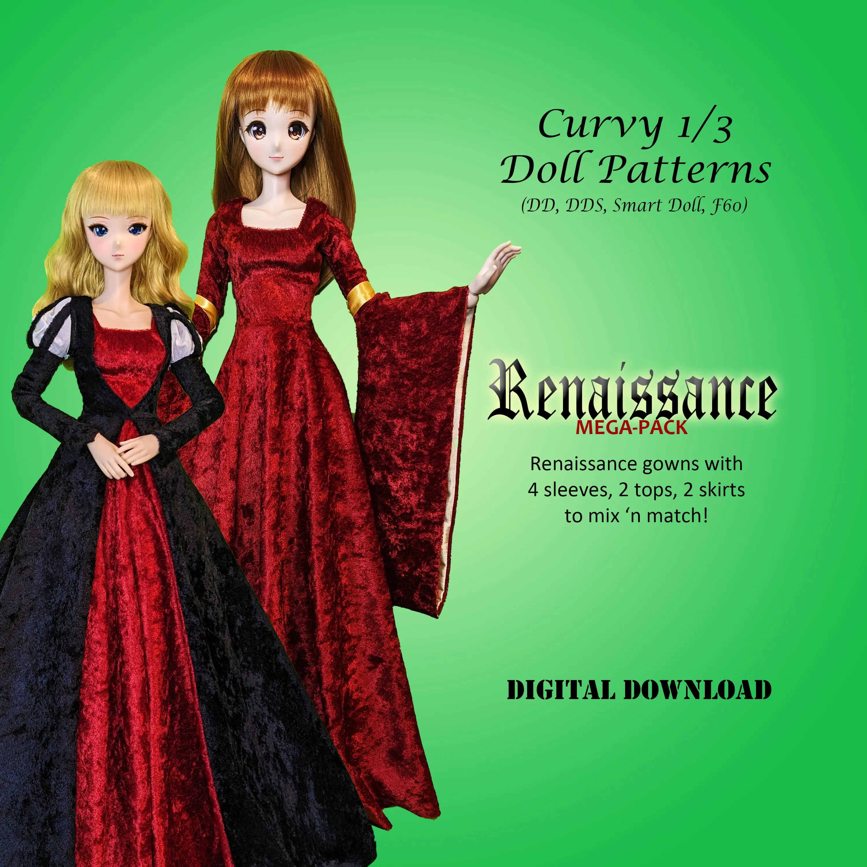 1/3 60cm Costume Drama I Bargain Bundle - A collection of Medieval and Renaissance dresses - Downloadable RAD Doll Clothes PDF Sewing Patterns