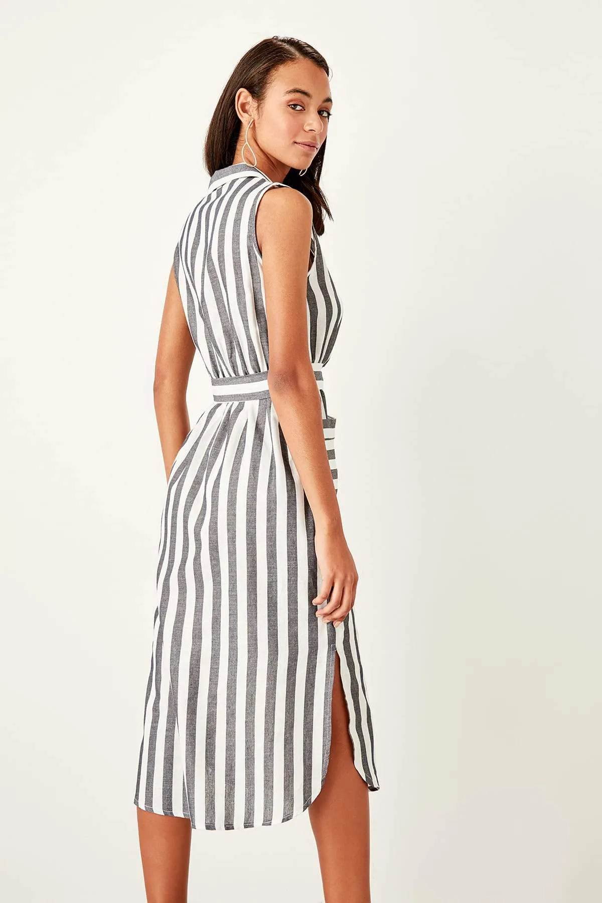 13061 Grey-Ecru Side Slit Striped Dress