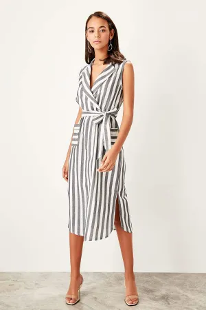 13061 Grey-Ecru Side Slit Striped Dress