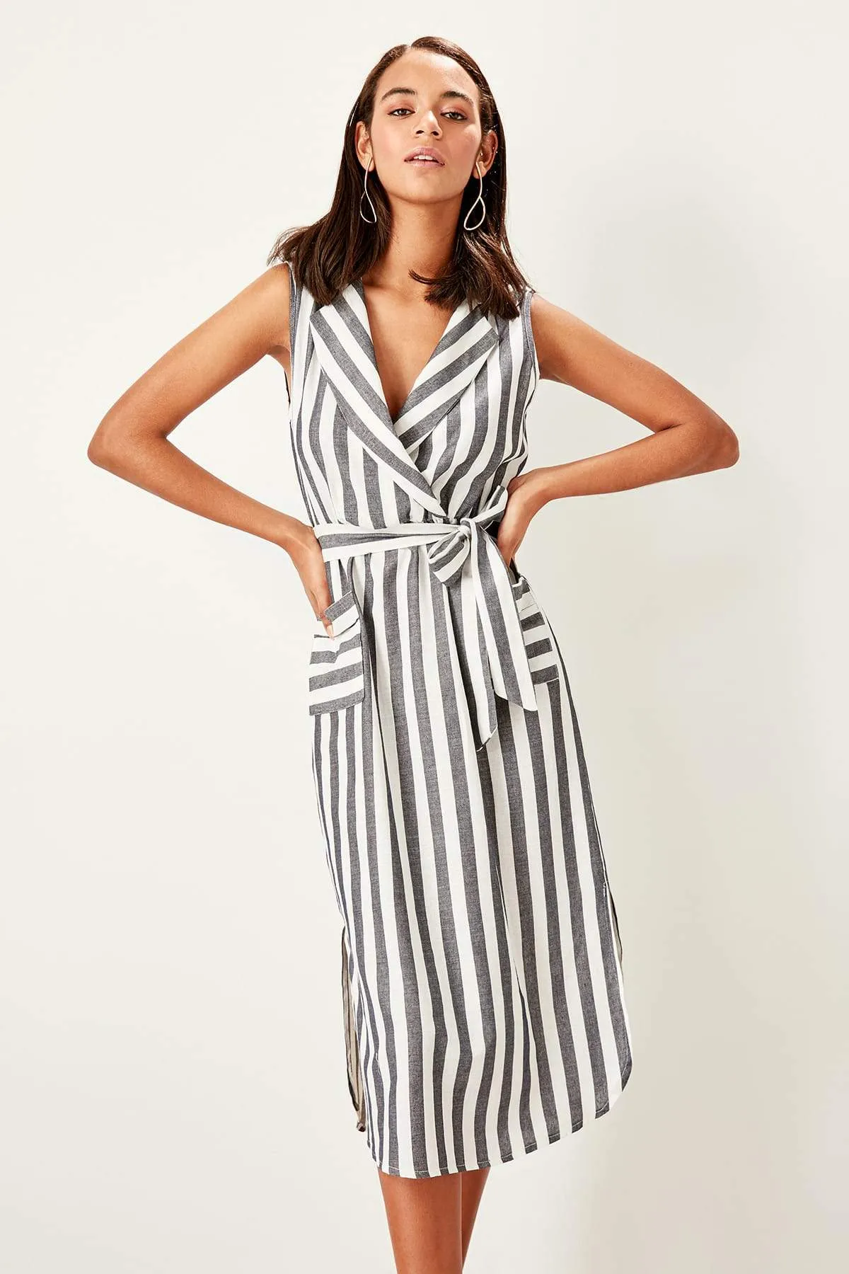 13061 Grey-Ecru Side Slit Striped Dress