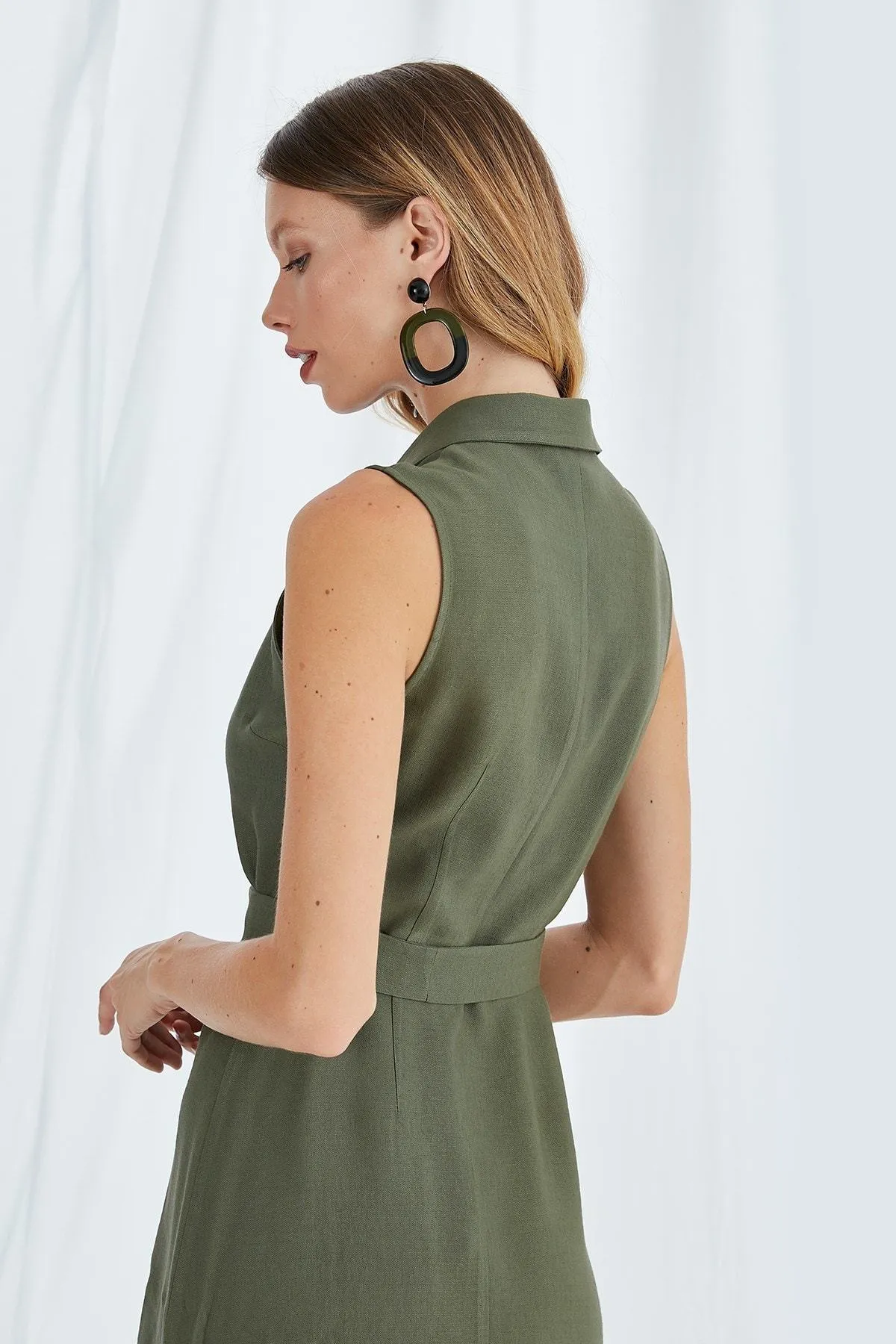 13063 Khaki Stud Button Shirt Dress