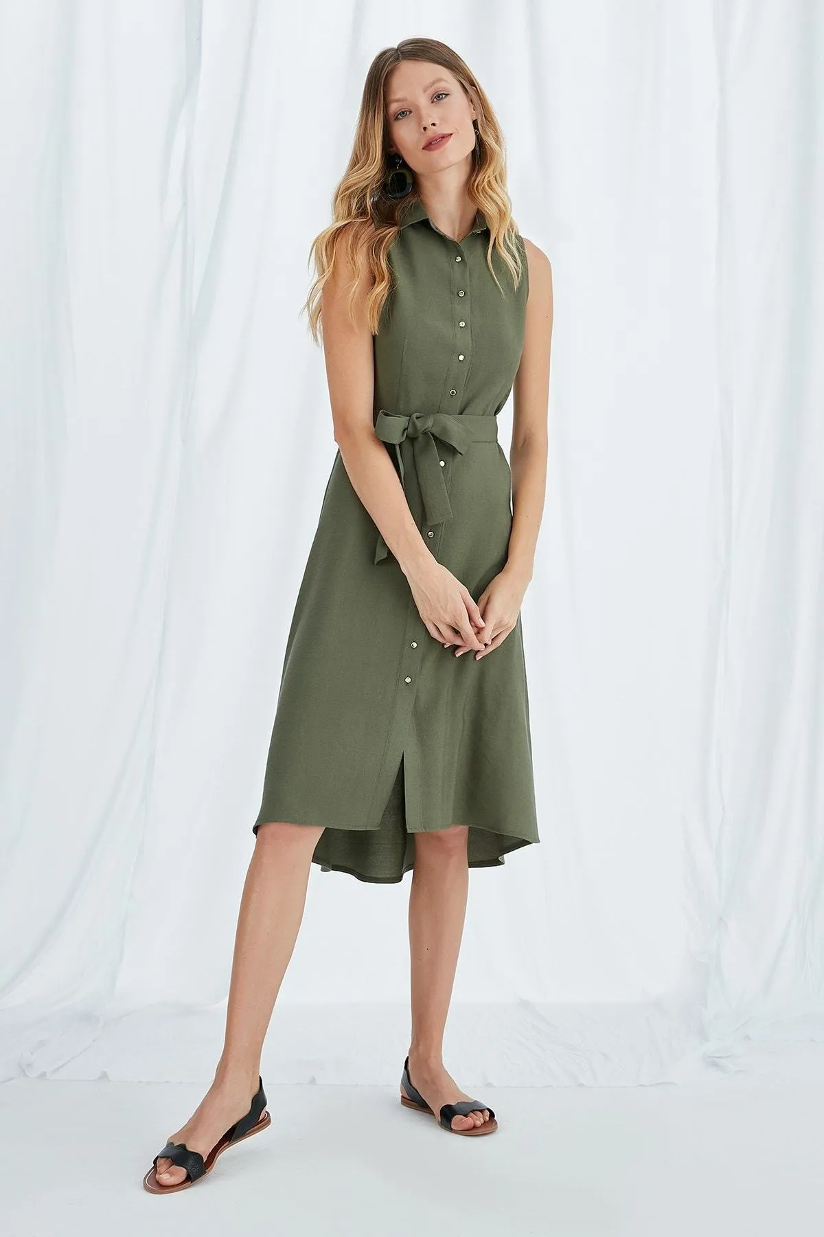 13063 Khaki Stud Button Shirt Dress