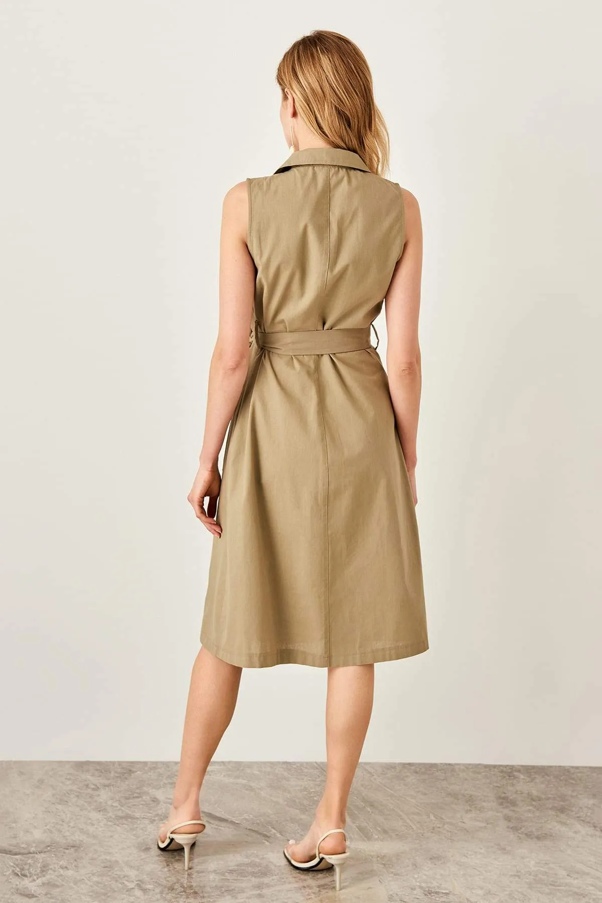 13068 KHaki Tie Waist Buttoned Dress