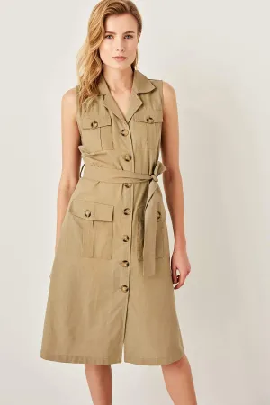 13068 KHaki Tie Waist Buttoned Dress