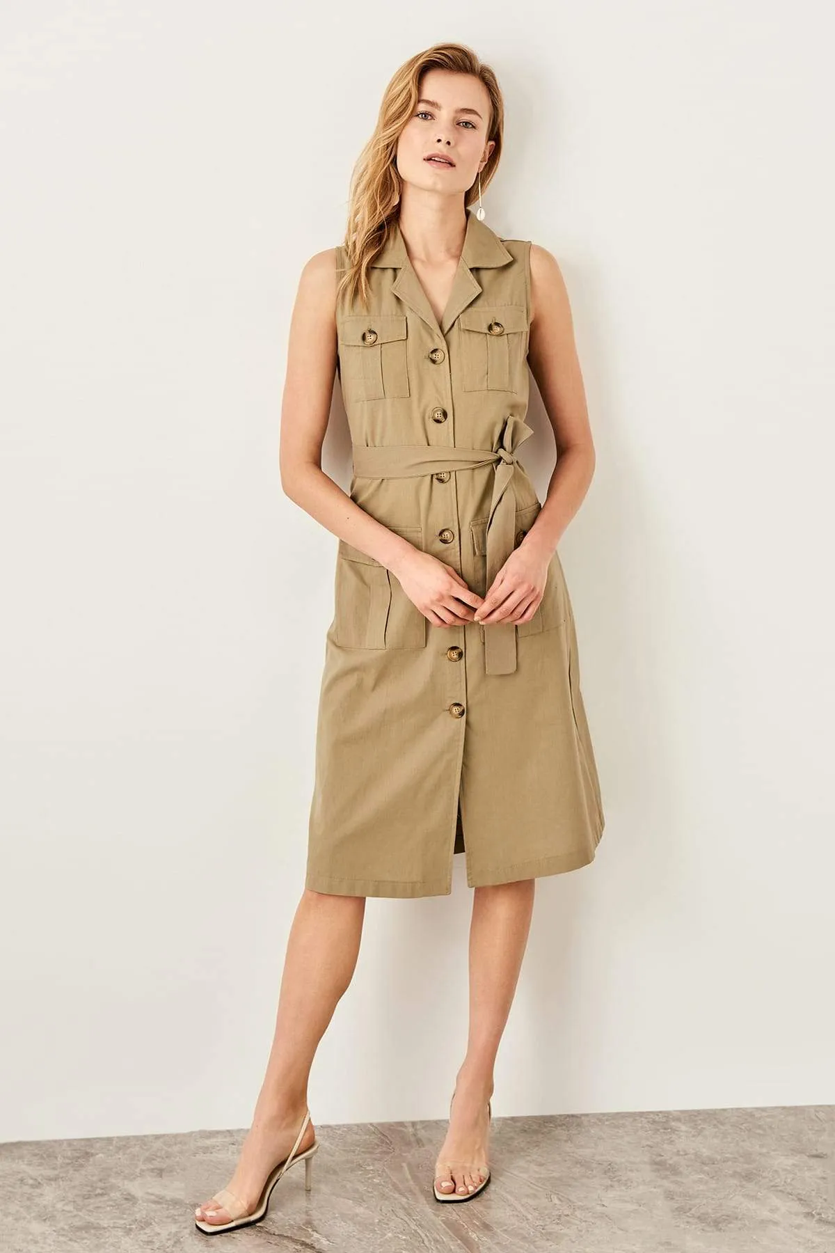 13068 KHaki Tie Waist Buttoned Dress