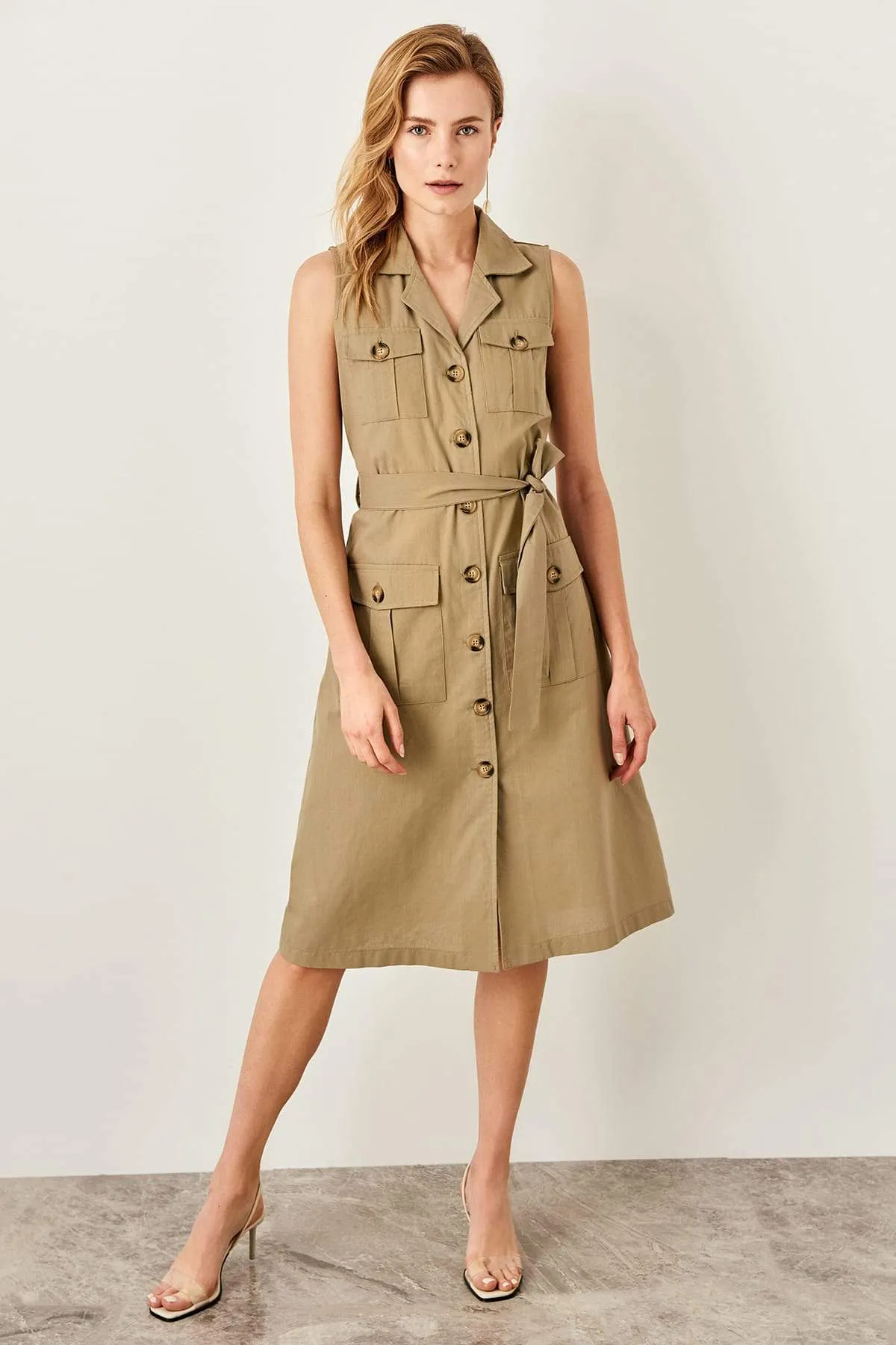 13068 KHaki Tie Waist Buttoned Dress