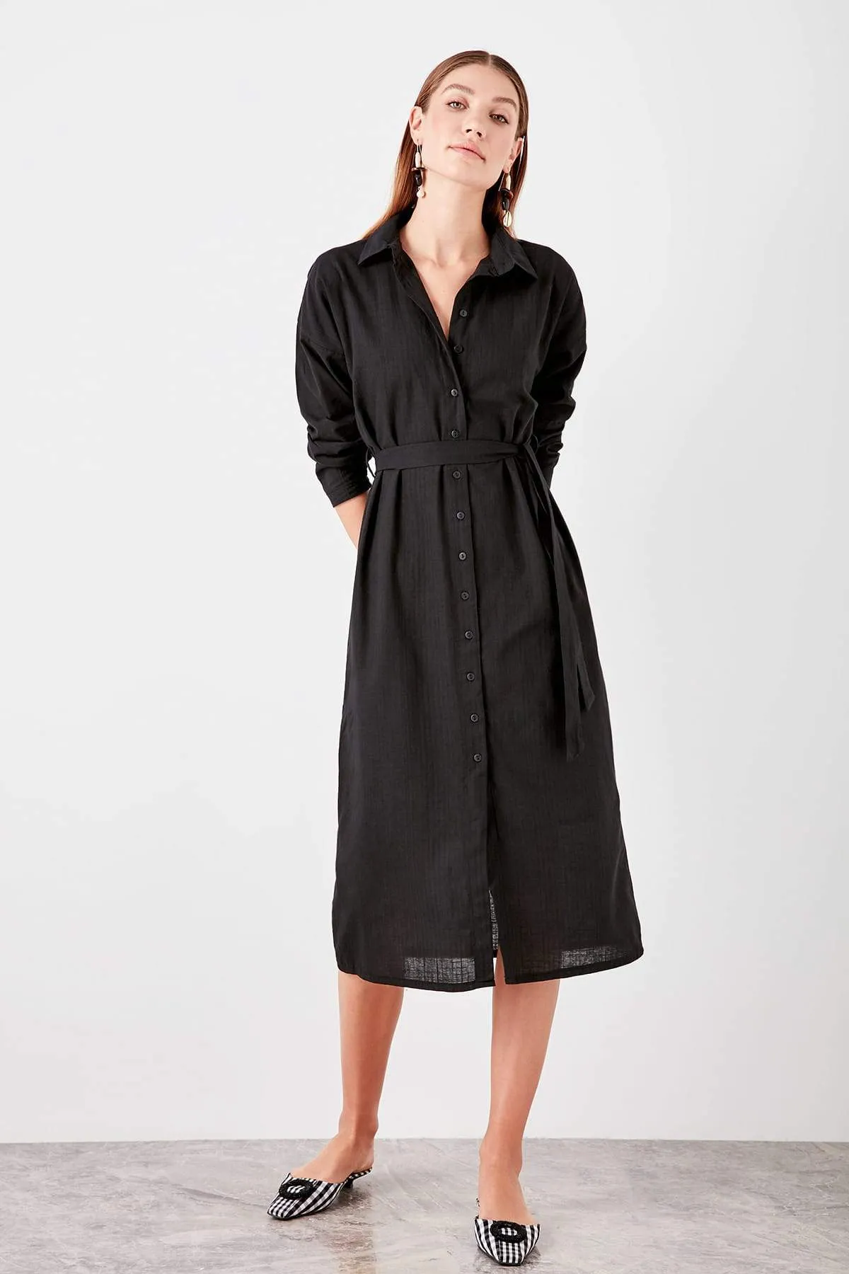 13069 Black Tie Waist Shirt Dress