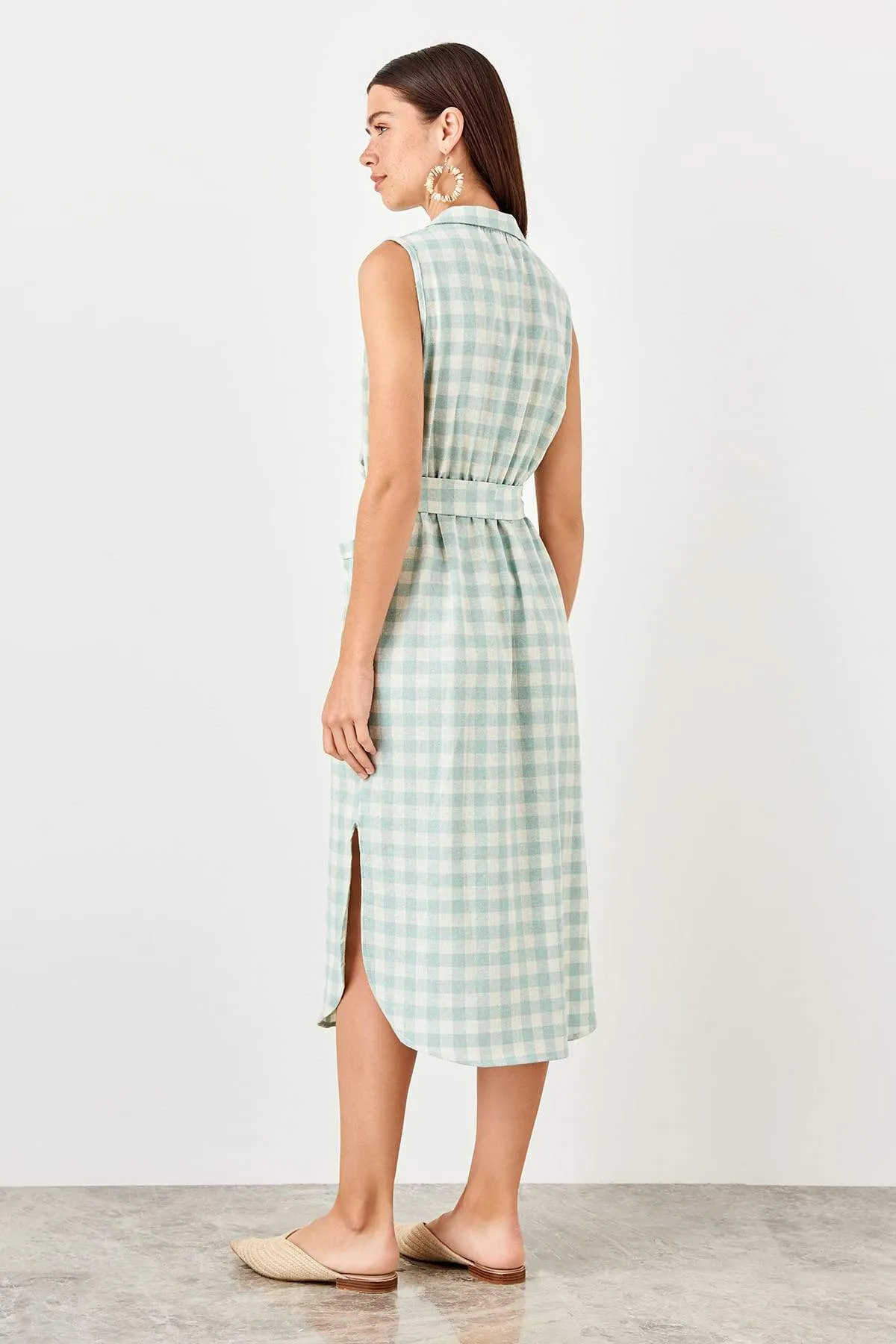 13078 Mint Check Side Slit Dress