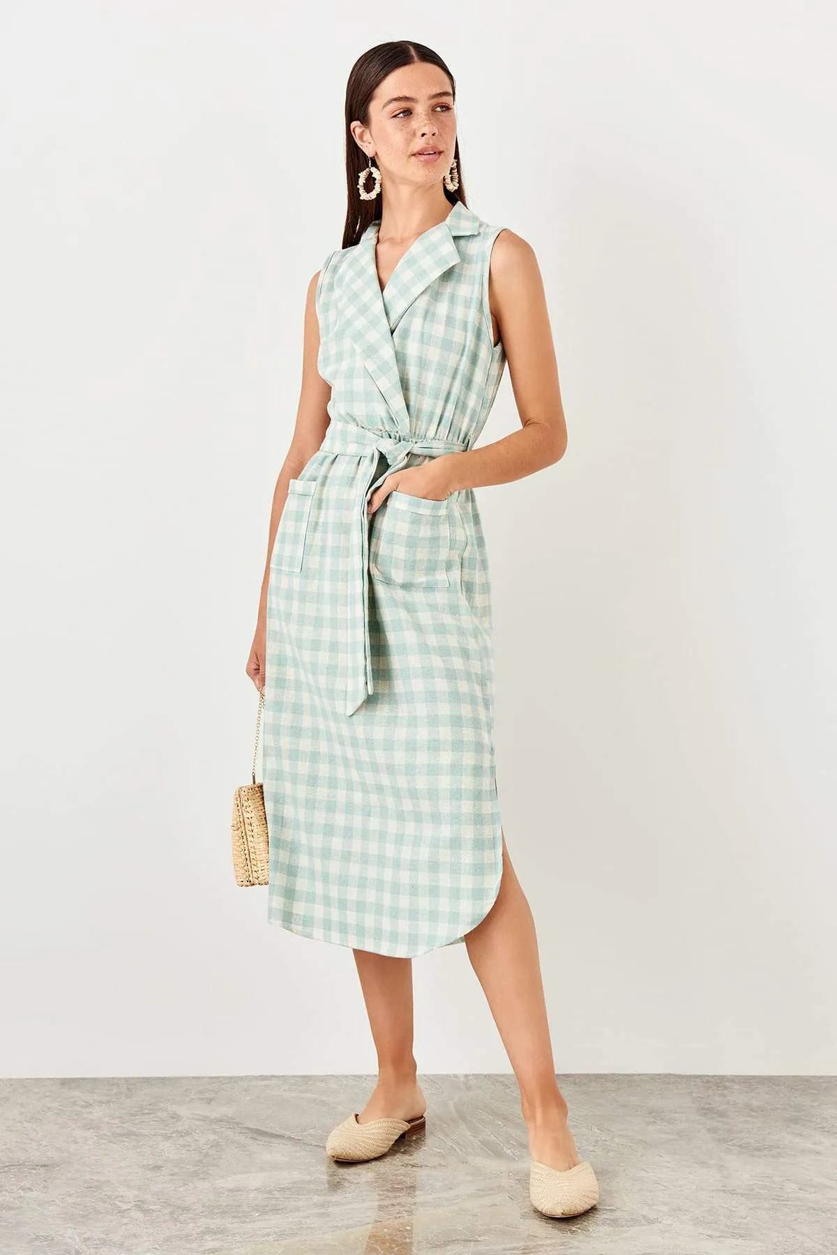 13078 Mint Check Side Slit Dress