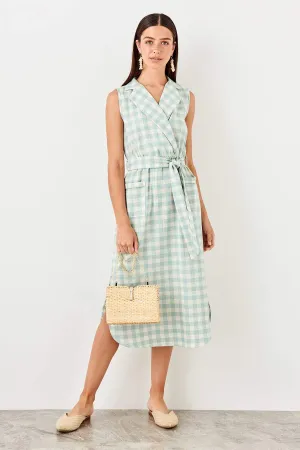 13078 Mint Check Side Slit Dress