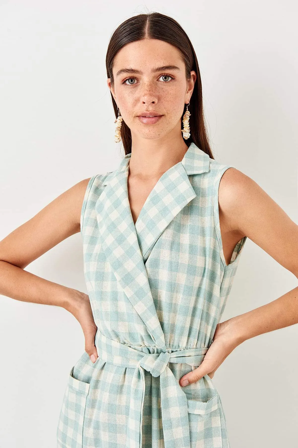 13078 Mint Check Side Slit Dress
