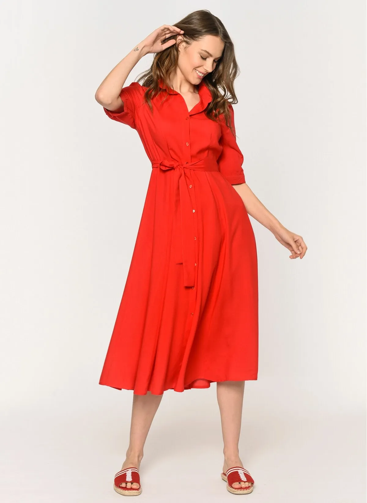 13506 Red Tie Waist Shirt Dress