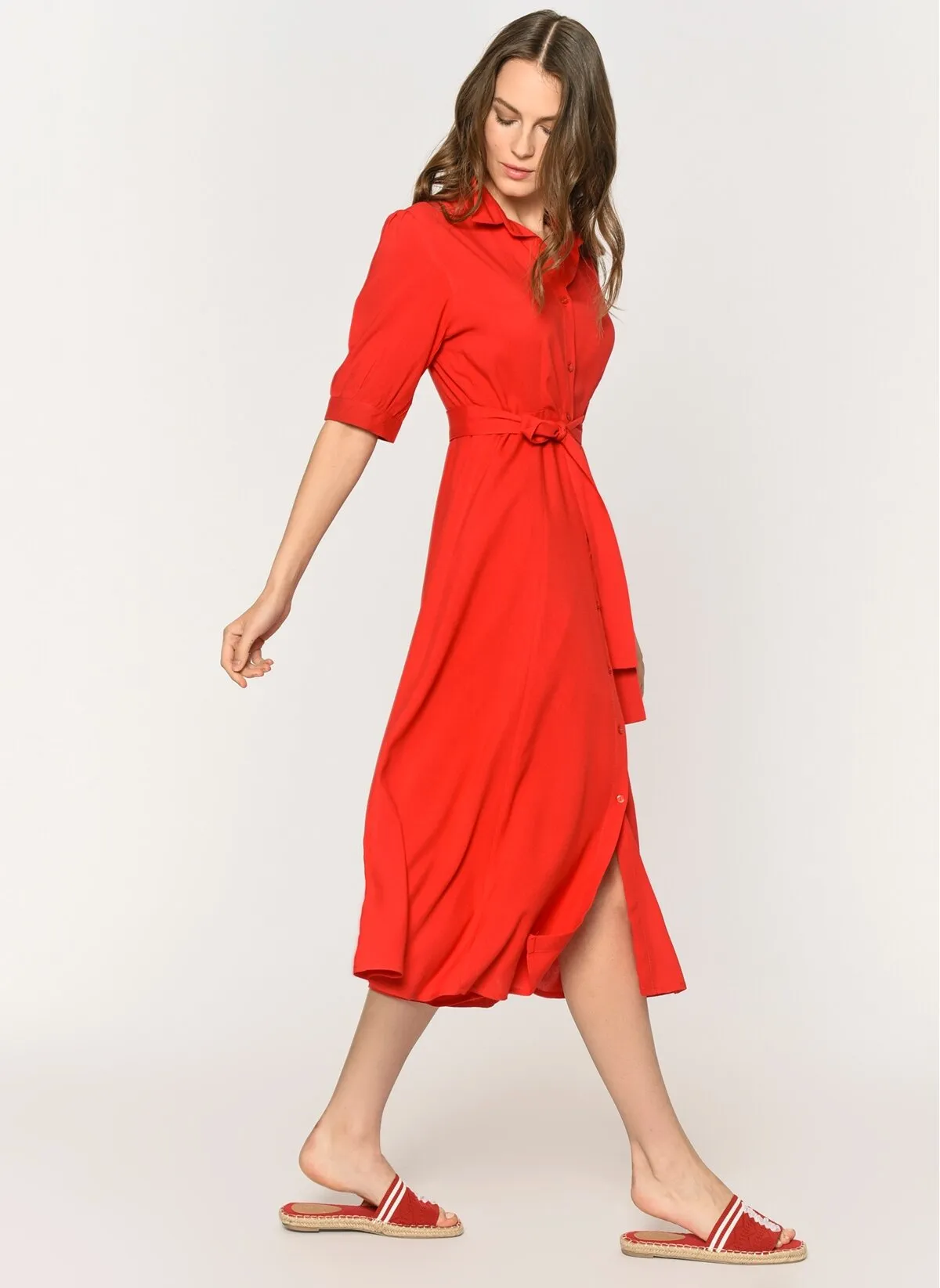 13506 Red Tie Waist Shirt Dress