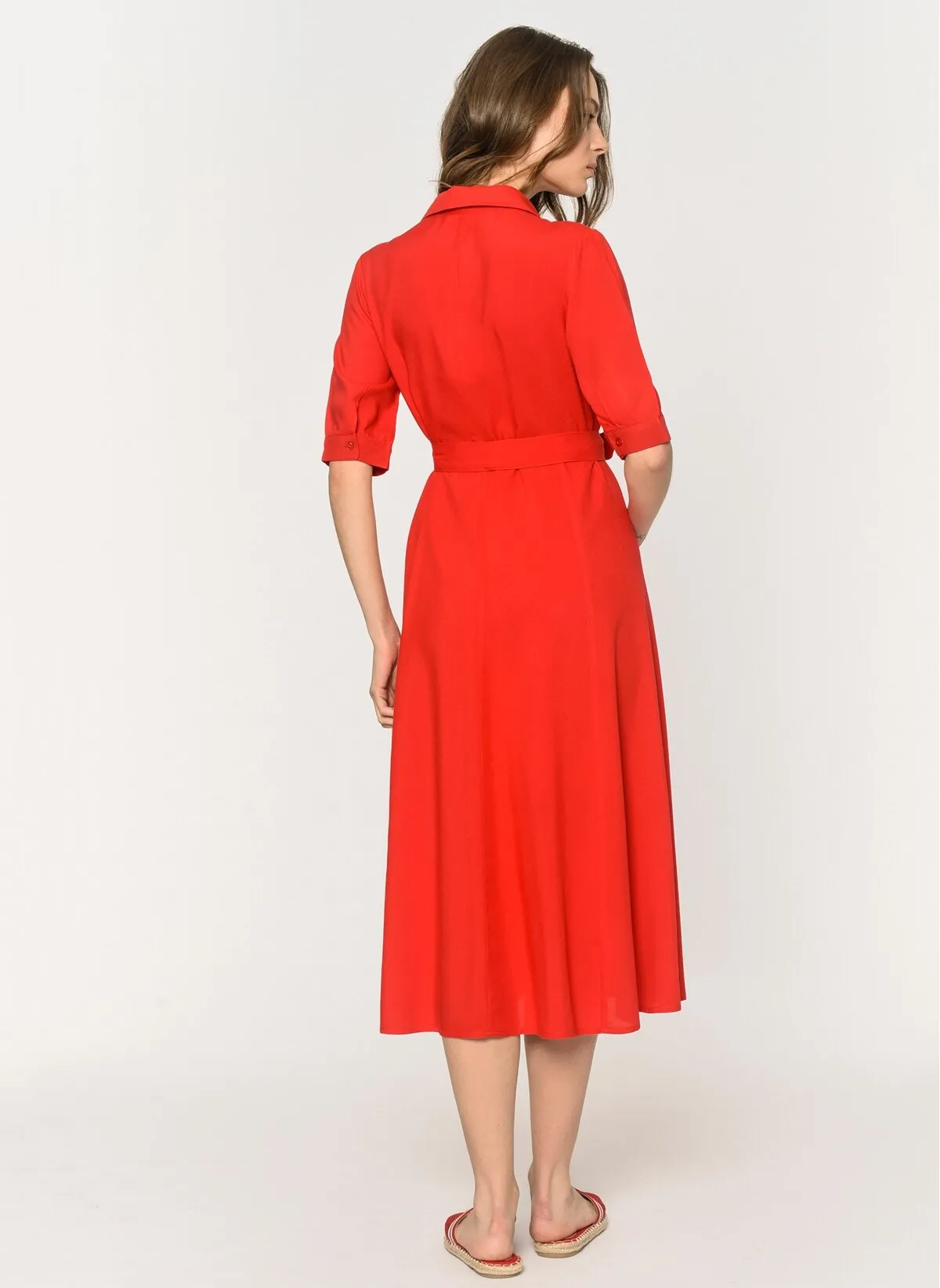 13506 Red Tie Waist Shirt Dress