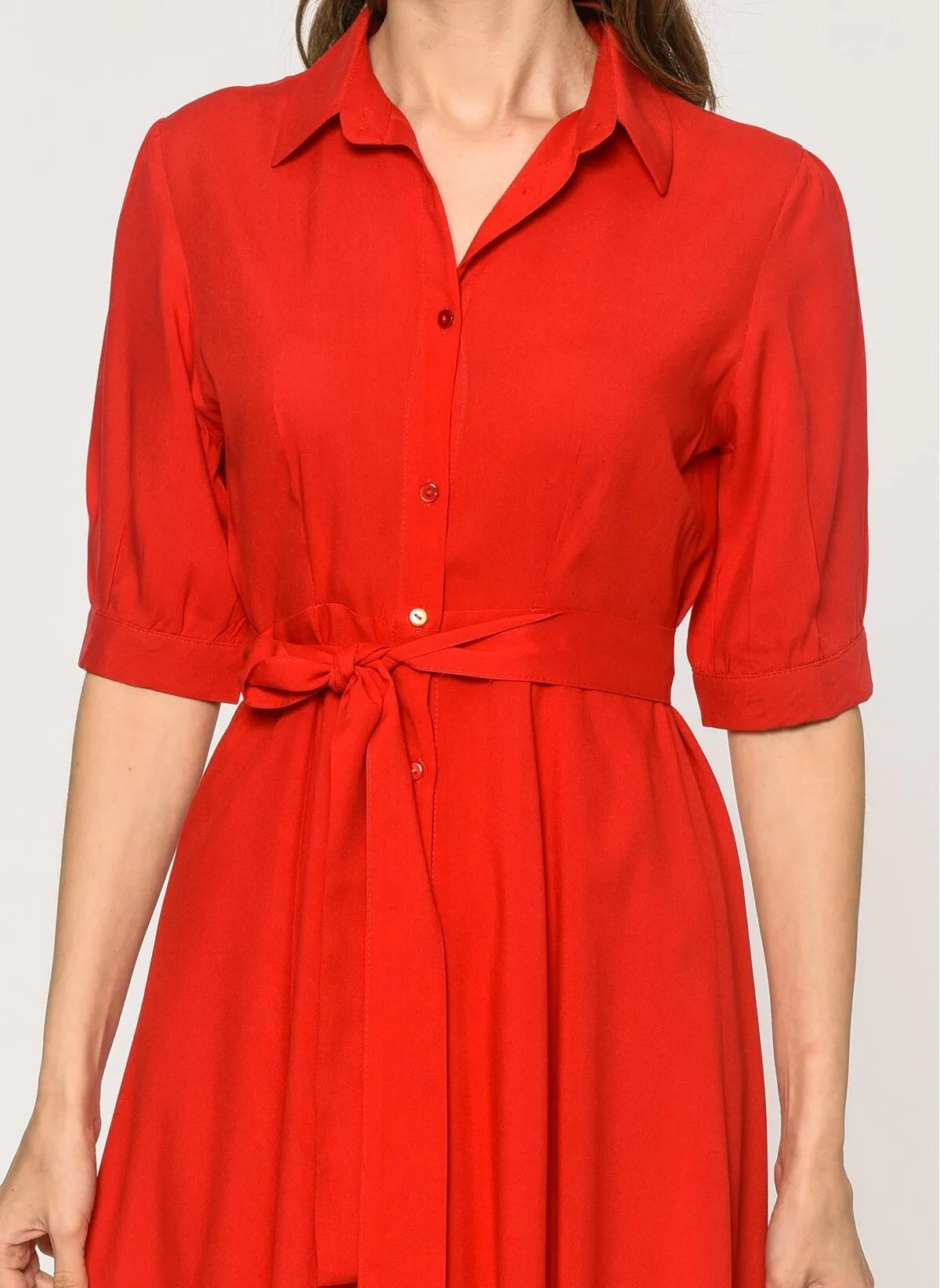 13506 Red Tie Waist Shirt Dress