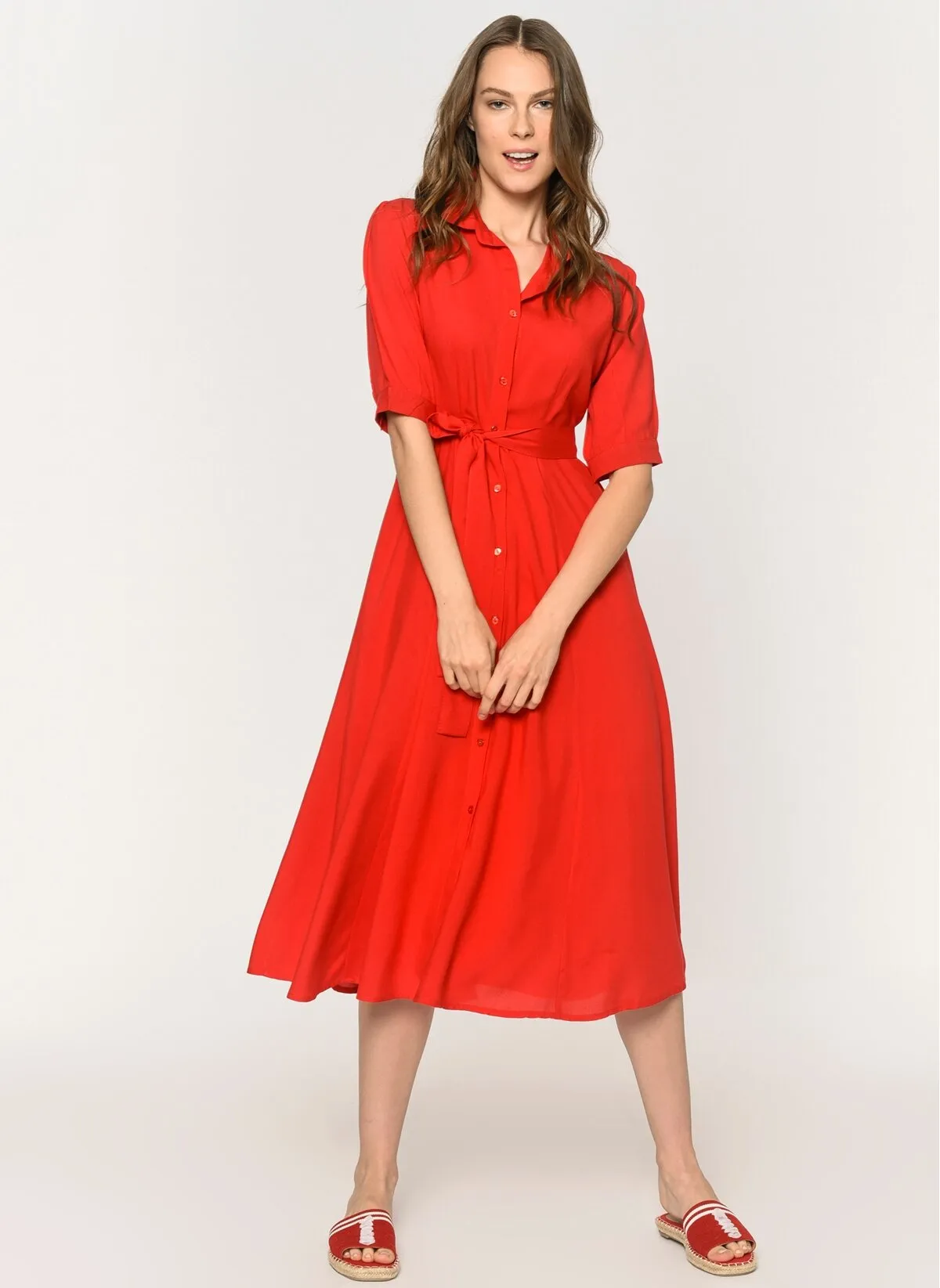 13506 Red Tie Waist Shirt Dress
