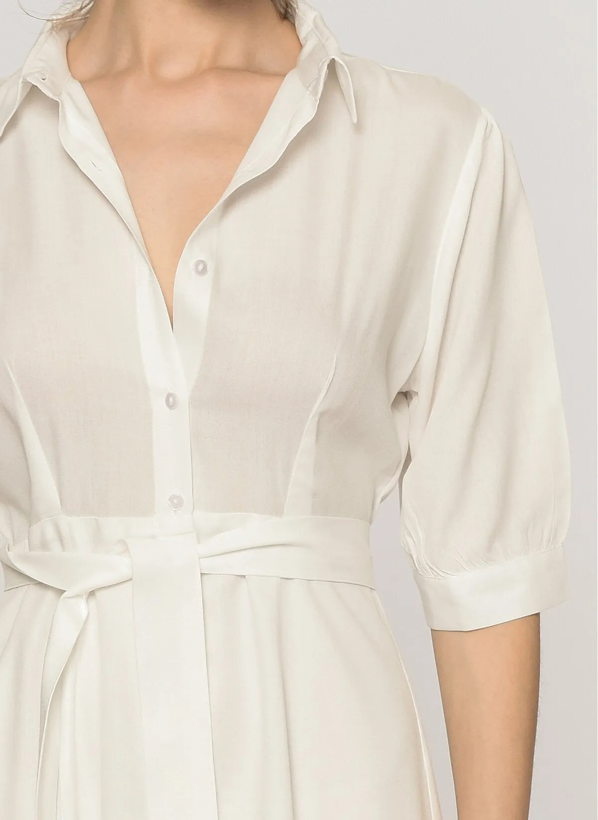 13554 Off-White Tie Waist Shirt Dress