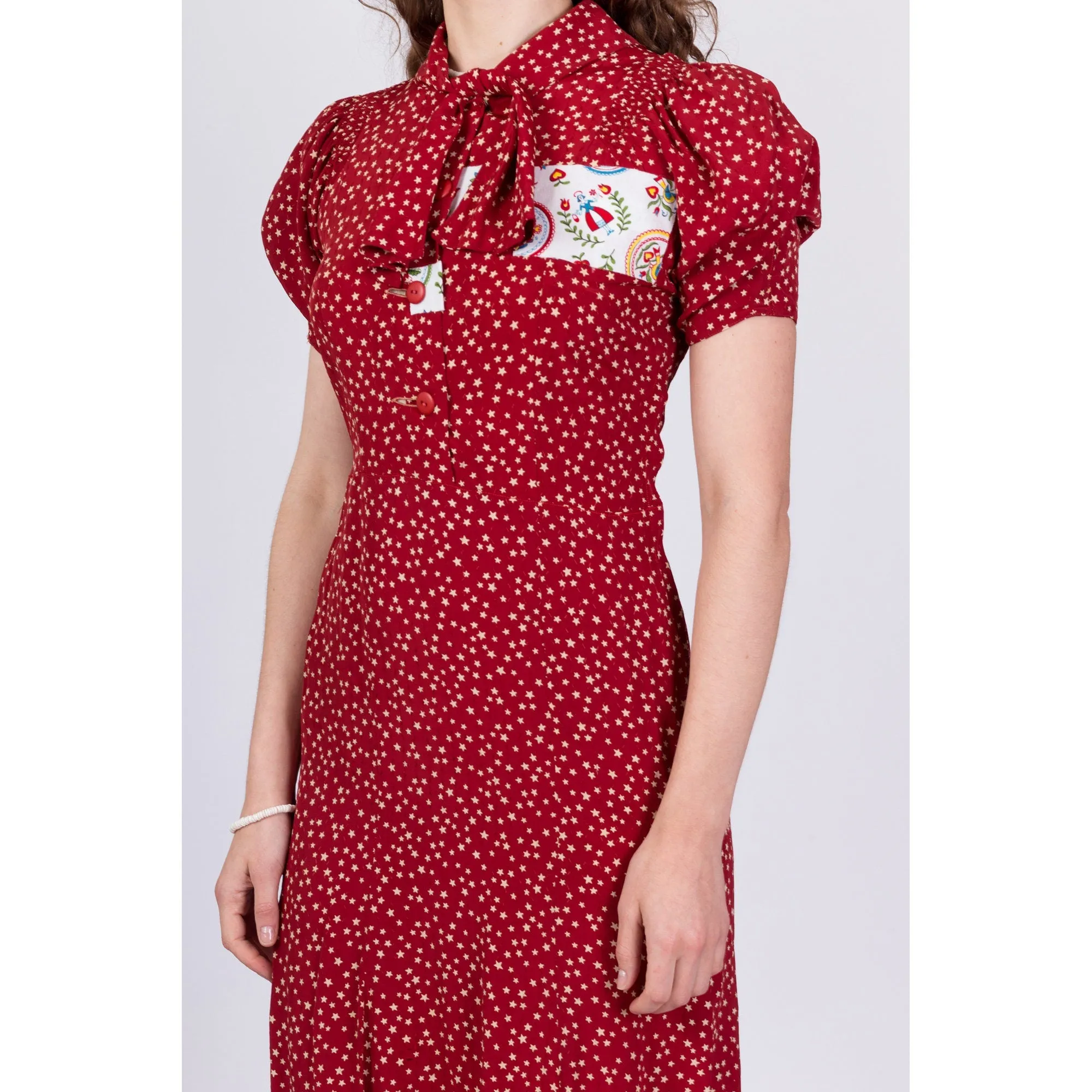 1940s Red Star Print Patched Day Dress, As Is - Small