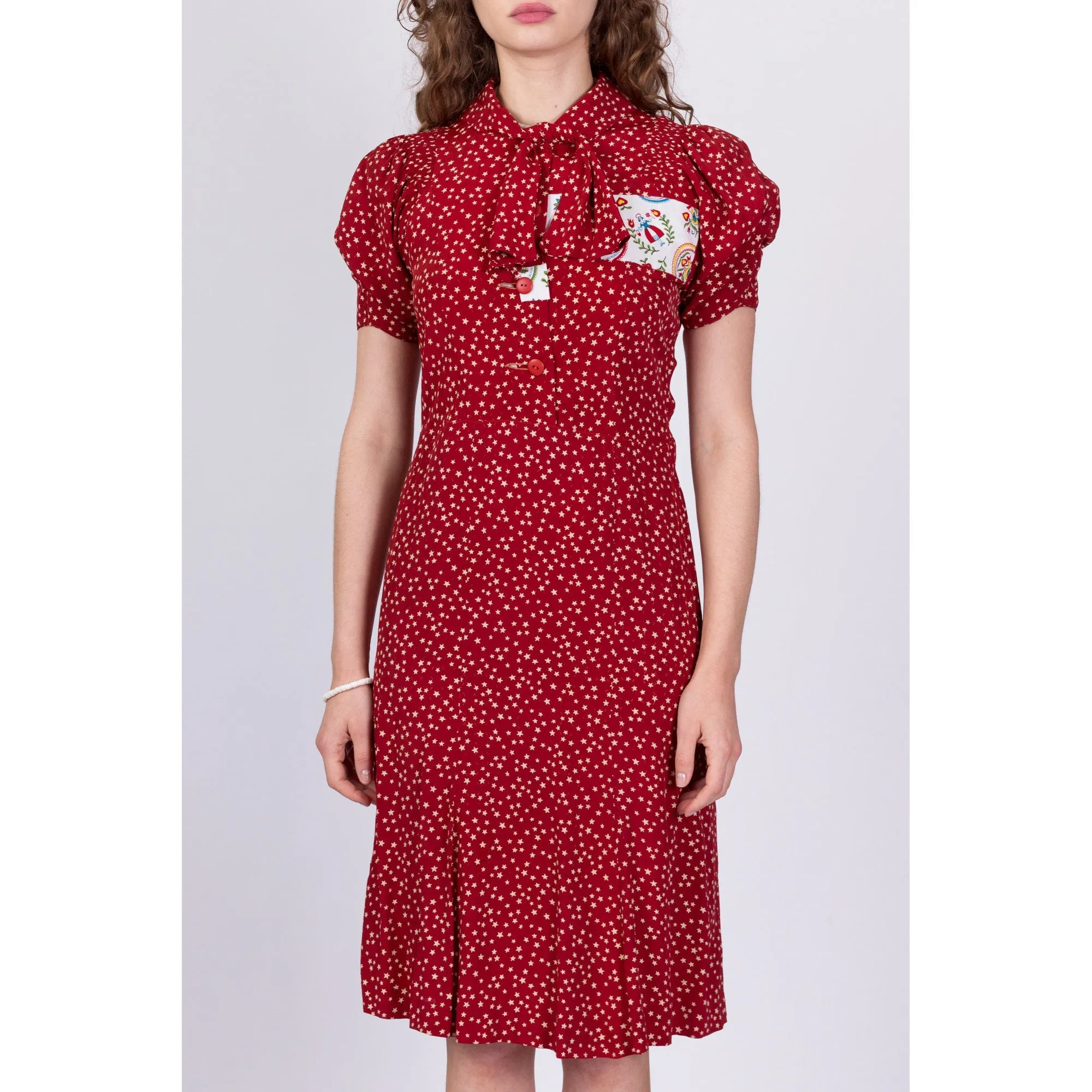 1940s Red Star Print Patched Day Dress, As Is - Small