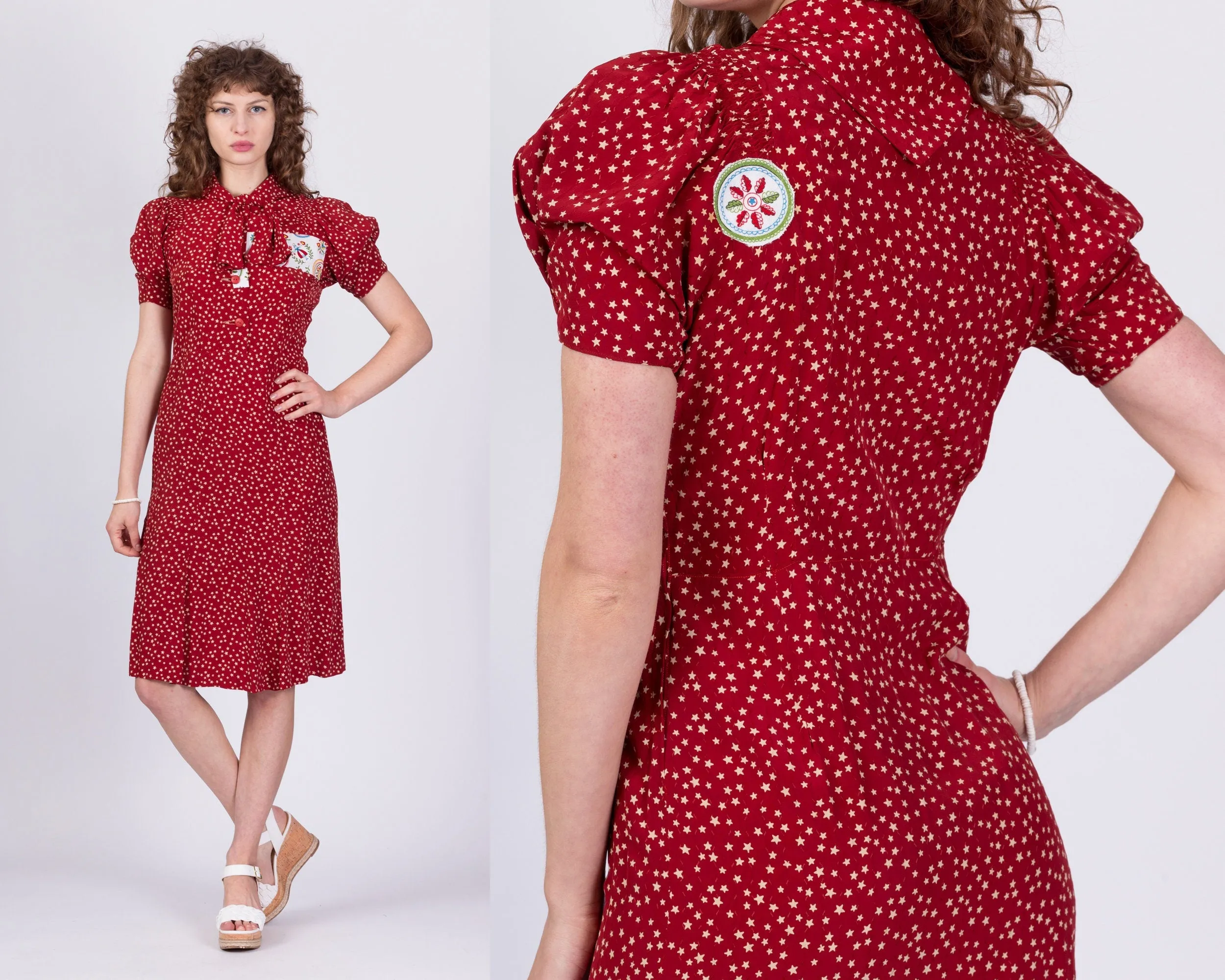 1940s Red Star Print Patched Day Dress, As Is - Small