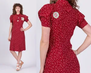 1940s Red Star Print Patched Day Dress, As Is - Small