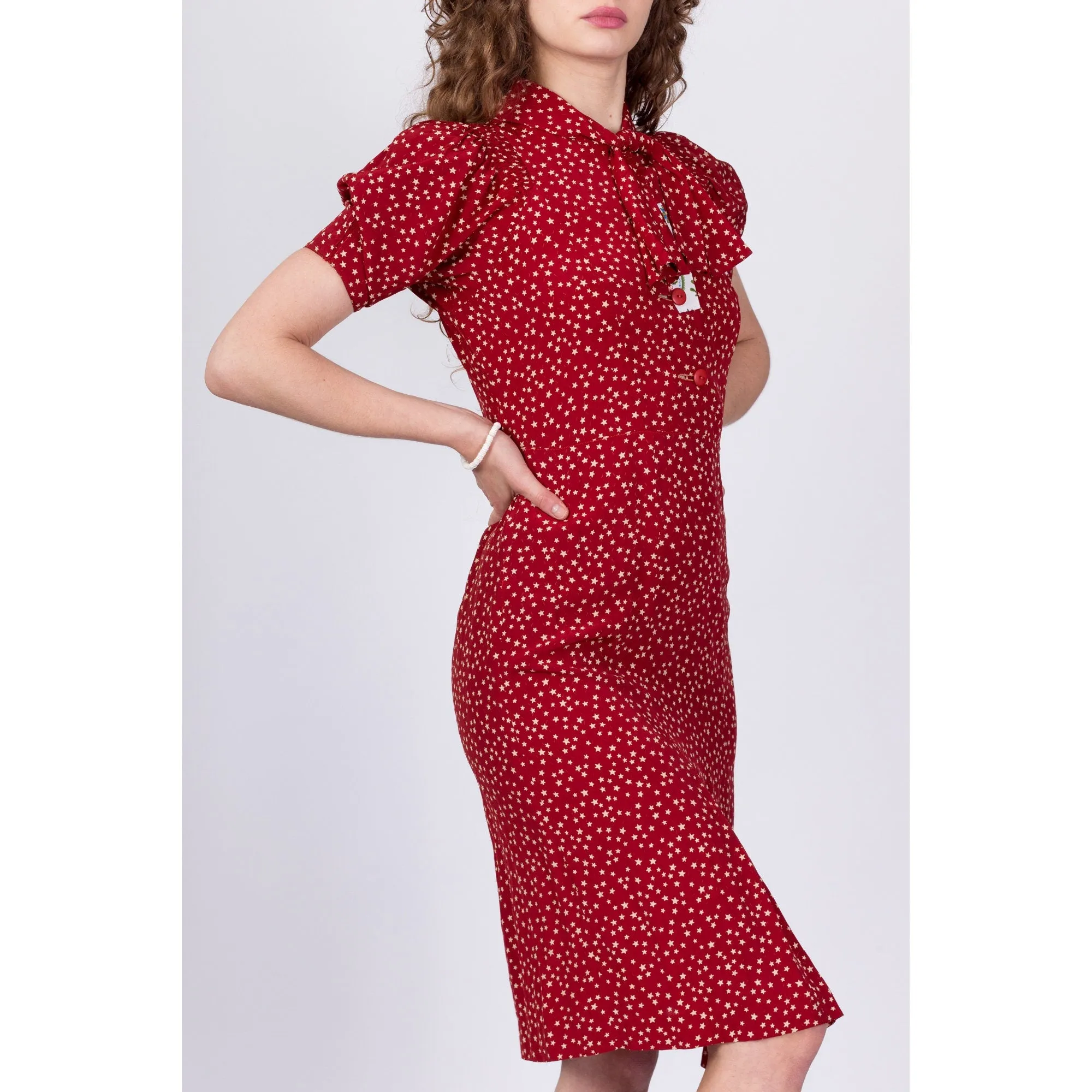 1940s Red Star Print Patched Day Dress, As Is - Small