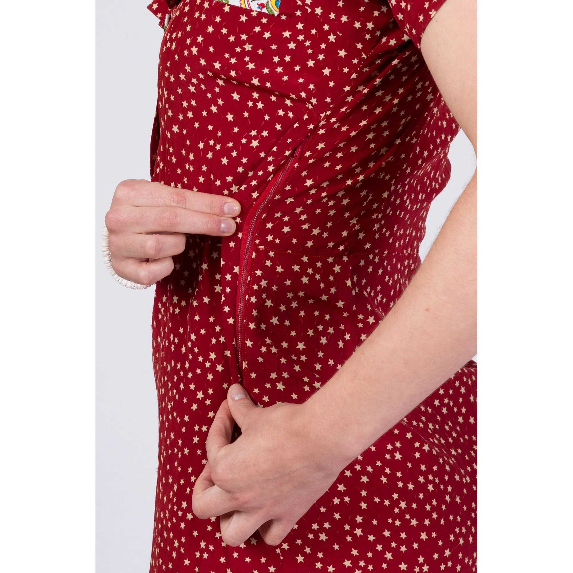 1940s Red Star Print Patched Day Dress, As Is - Small