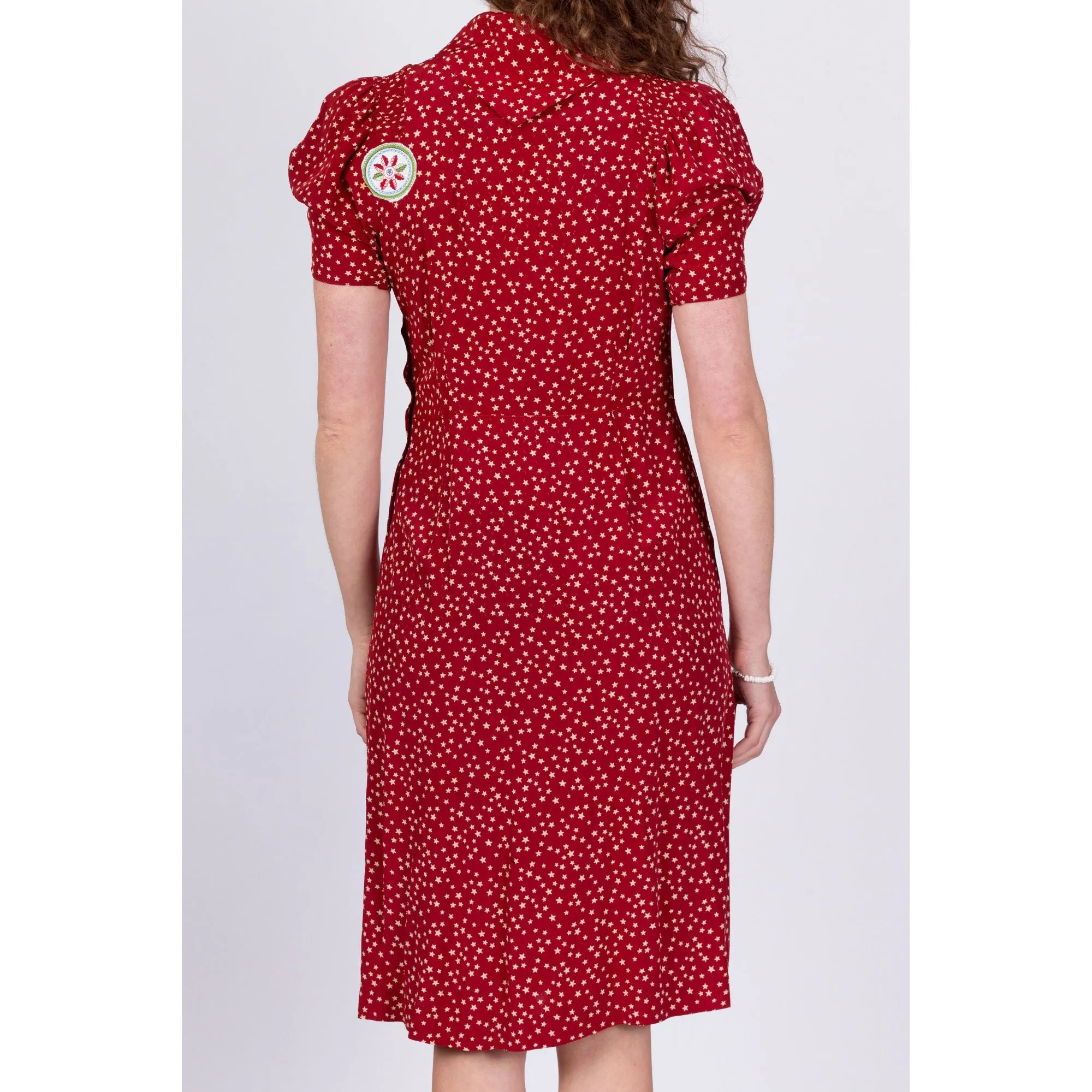 1940s Red Star Print Patched Day Dress, As Is - Small