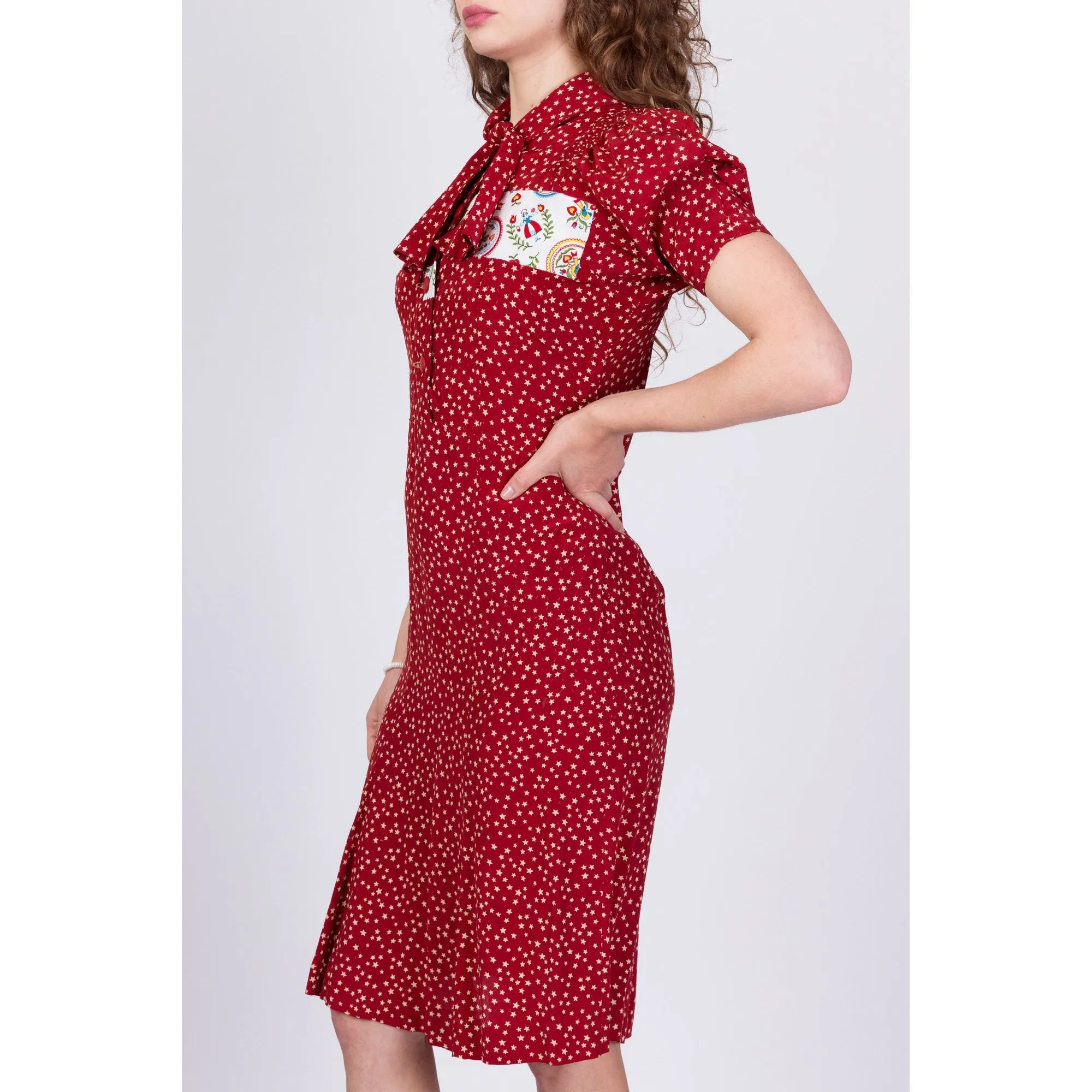 1940s Red Star Print Patched Day Dress, As Is - Small