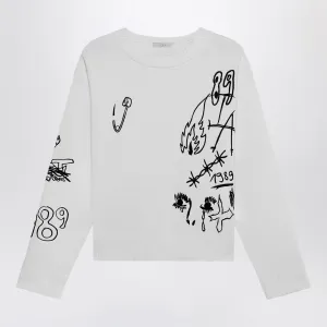 1989 Studio Embroidery Crop Knit Round Neck White