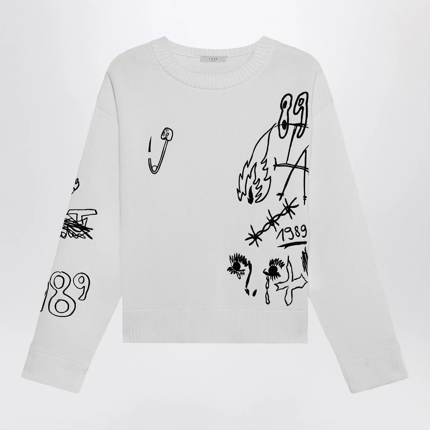 1989 Studio Embroidery Crop Knit Round Neck White