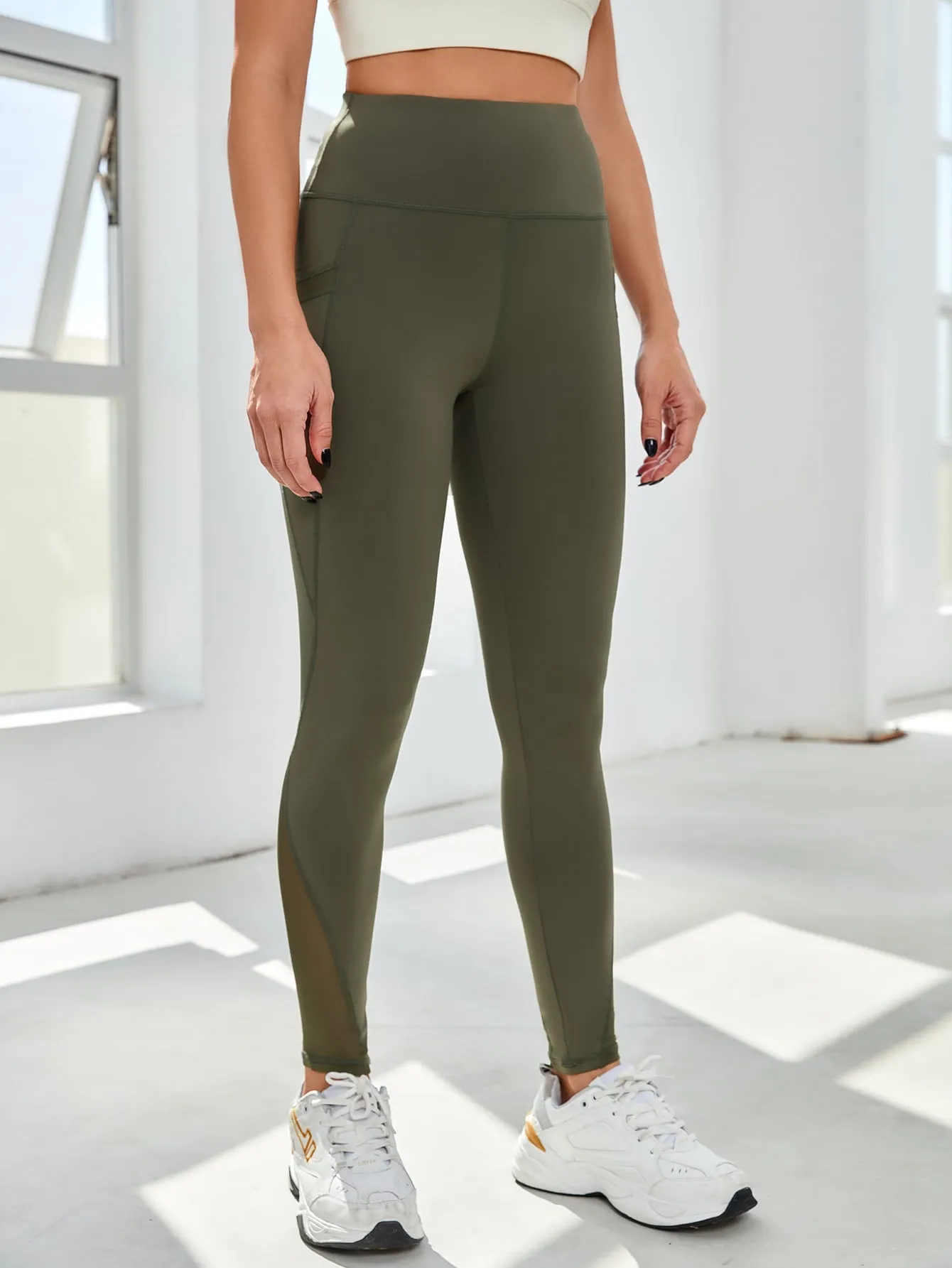 3pcs Wide Band Waist Sports Leggings With Phone Pocket