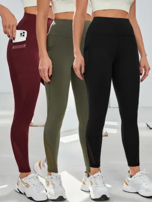3pcs Wide Band Waist Sports Leggings With Phone Pocket