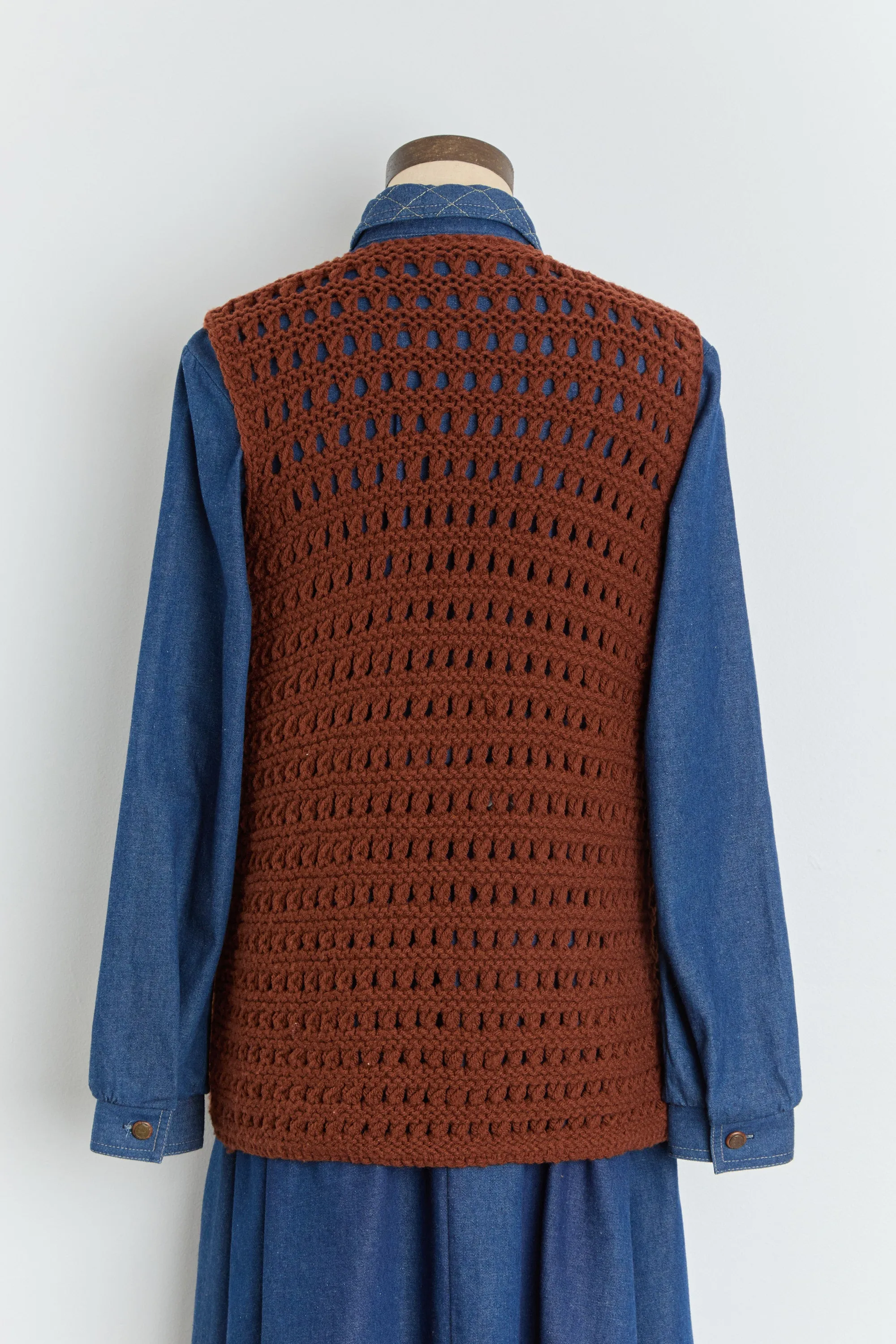 70s Brown Open Knit Sweater Vest S