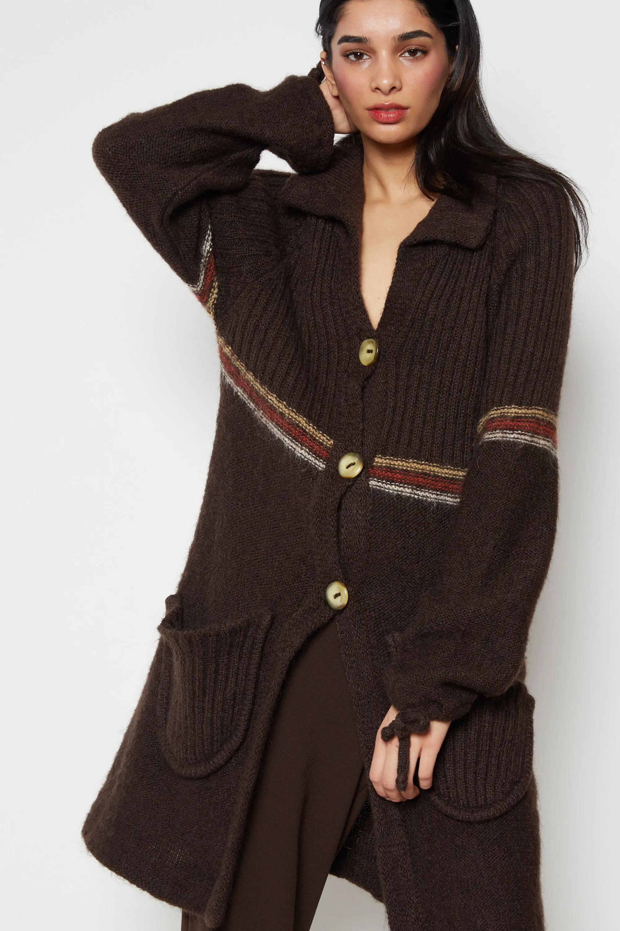 70s Chocolate Stripe Cardigan XS