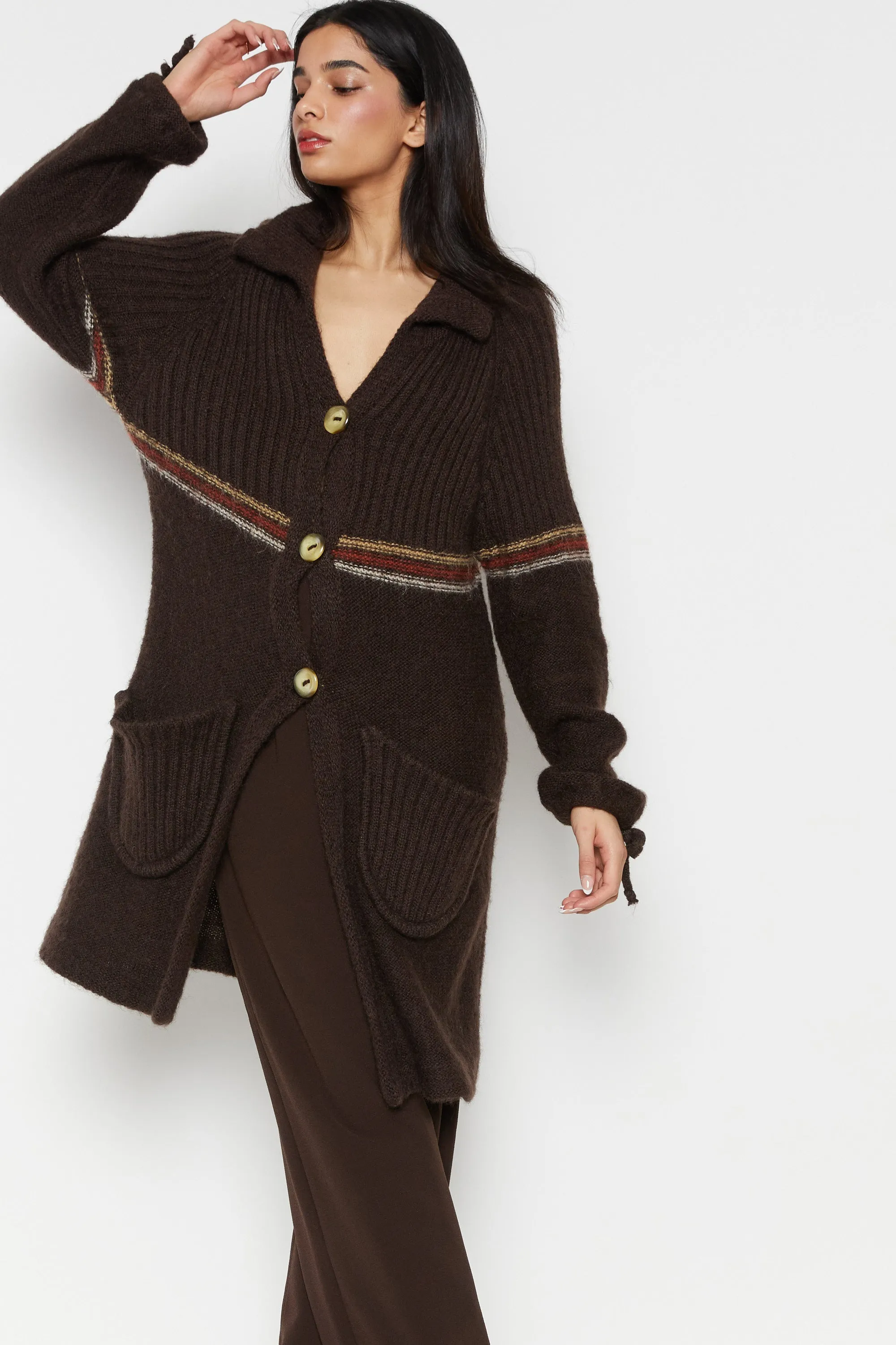 70s Chocolate Stripe Cardigan XS