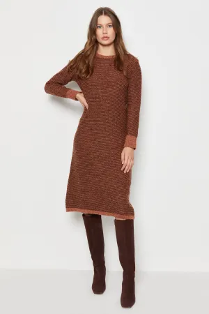 70s Cognac Striped Wool Sweater Dress S/M