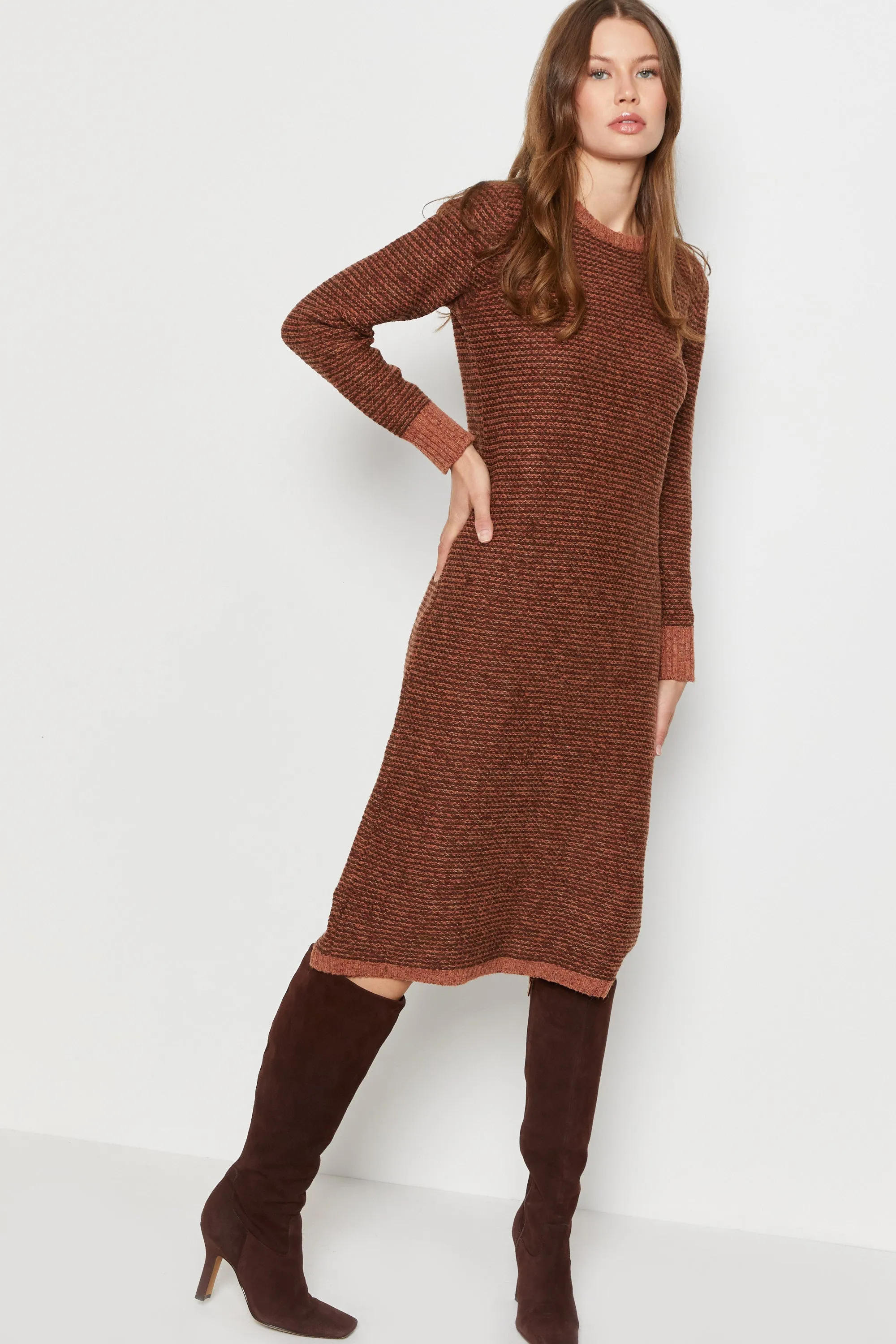 70s Cognac Striped Wool Sweater Dress S/M
