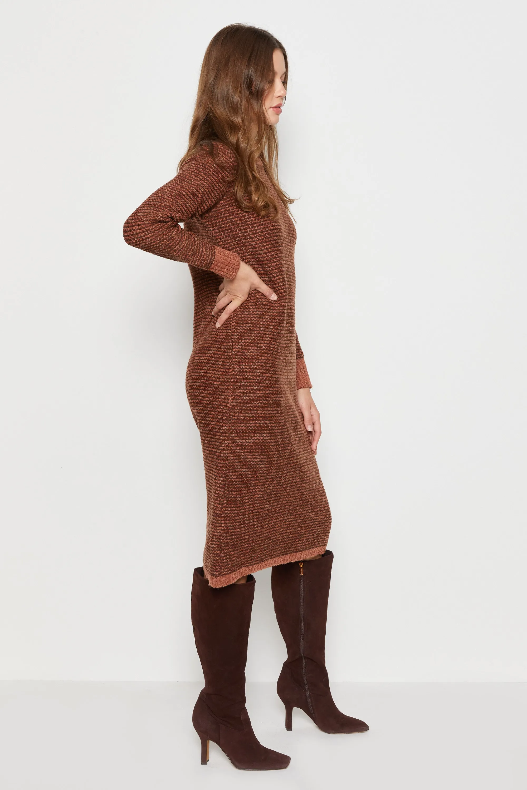 70s Cognac Striped Wool Sweater Dress S/M