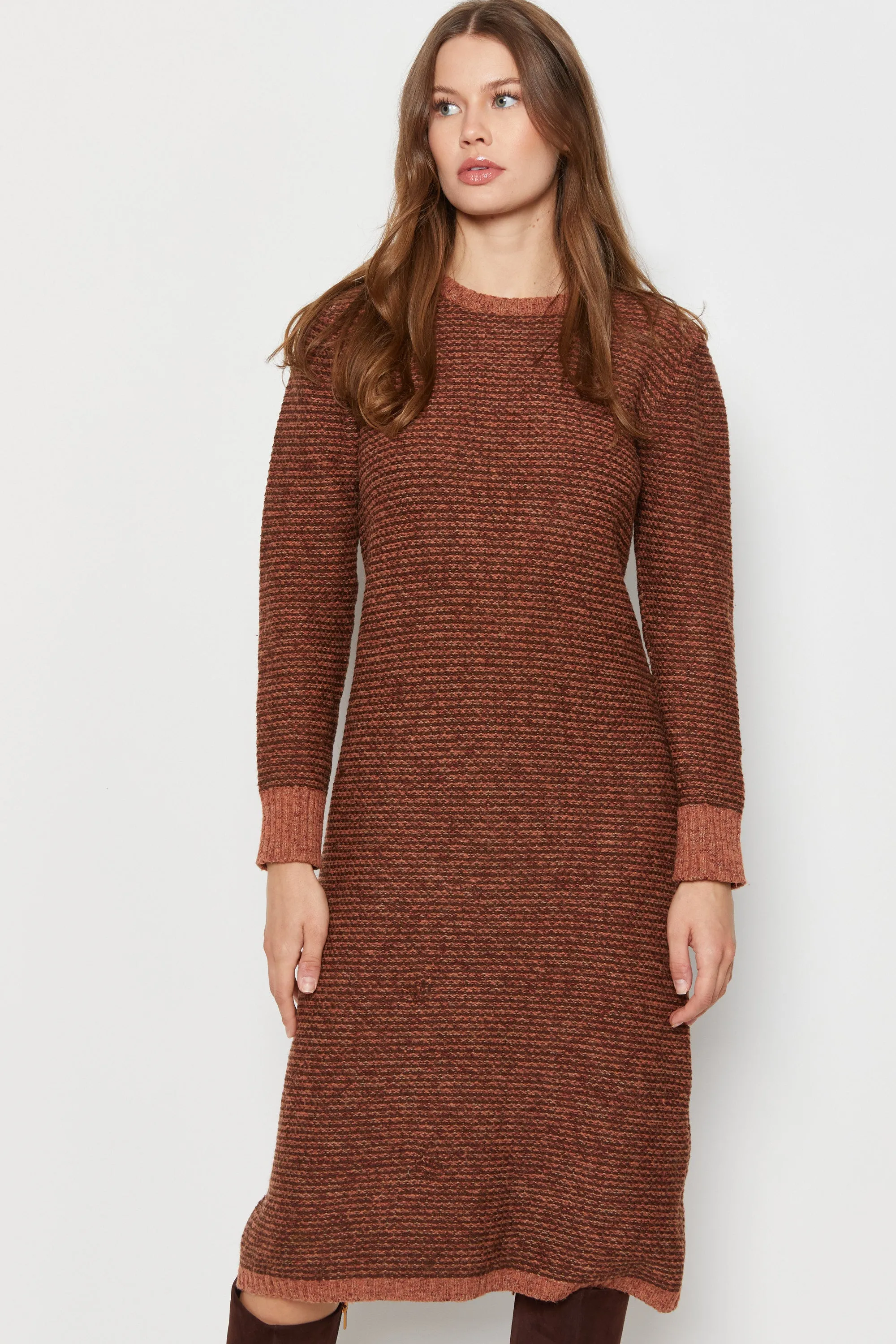 70s Cognac Striped Wool Sweater Dress S/M