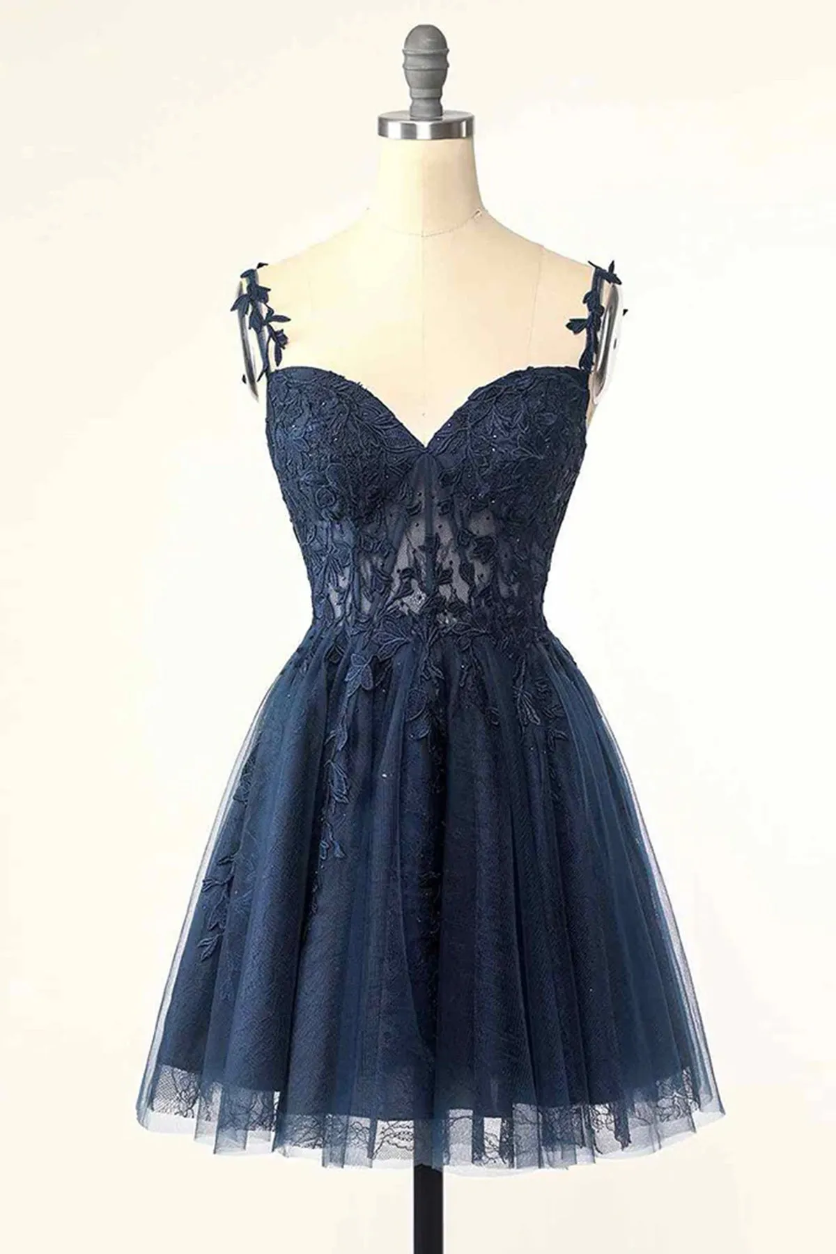 A-Line Tulle Lace Knee Length Prom Dress, A-Line Spaghetti Strap Evening Party Dress