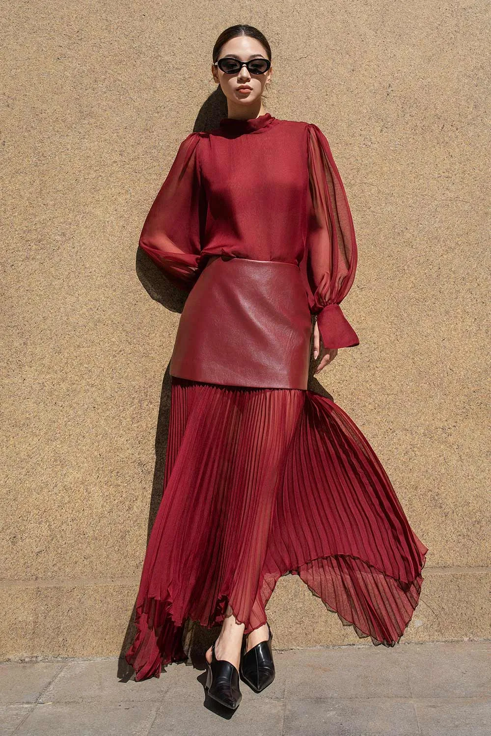 Adelaide A-line Pleated Leather Maxi Skirt