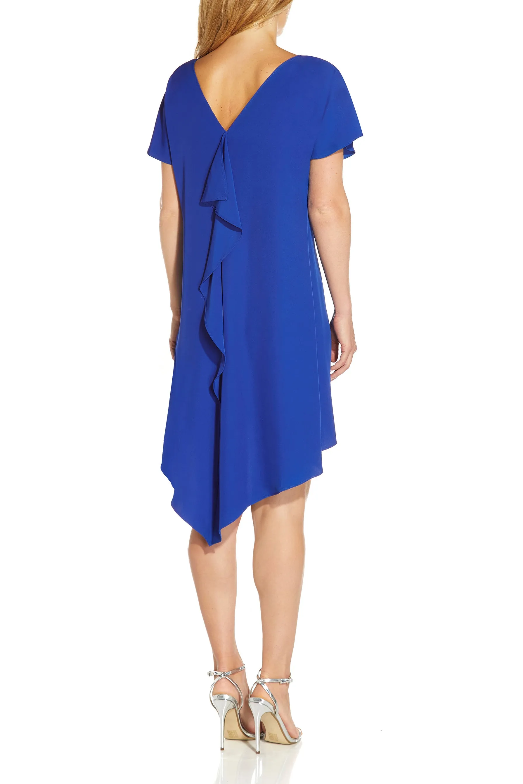 Adrianna Papell Boat Neck Back Zipper Short Sleeves High Low Hem Short Dress