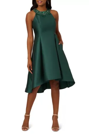 Adrianna Papell embellished halter neck box pleat high low hem mikado dress with pockets
