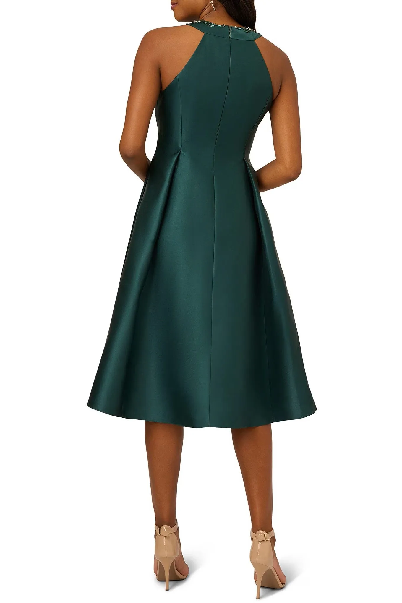 Adrianna Papell embellished halter neck box pleat high low hem mikado dress with pockets