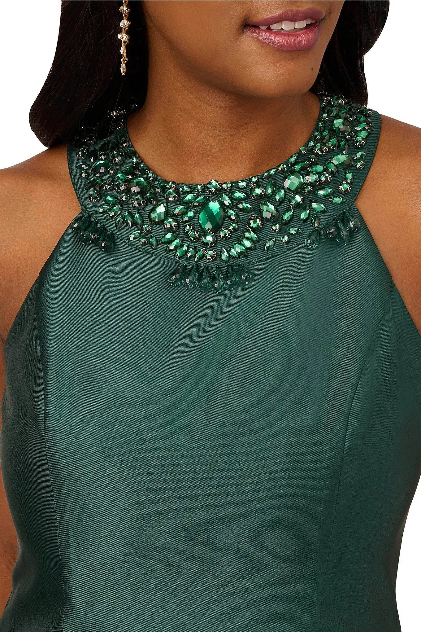 Adrianna Papell embellished halter neck box pleat high low hem mikado dress with pockets