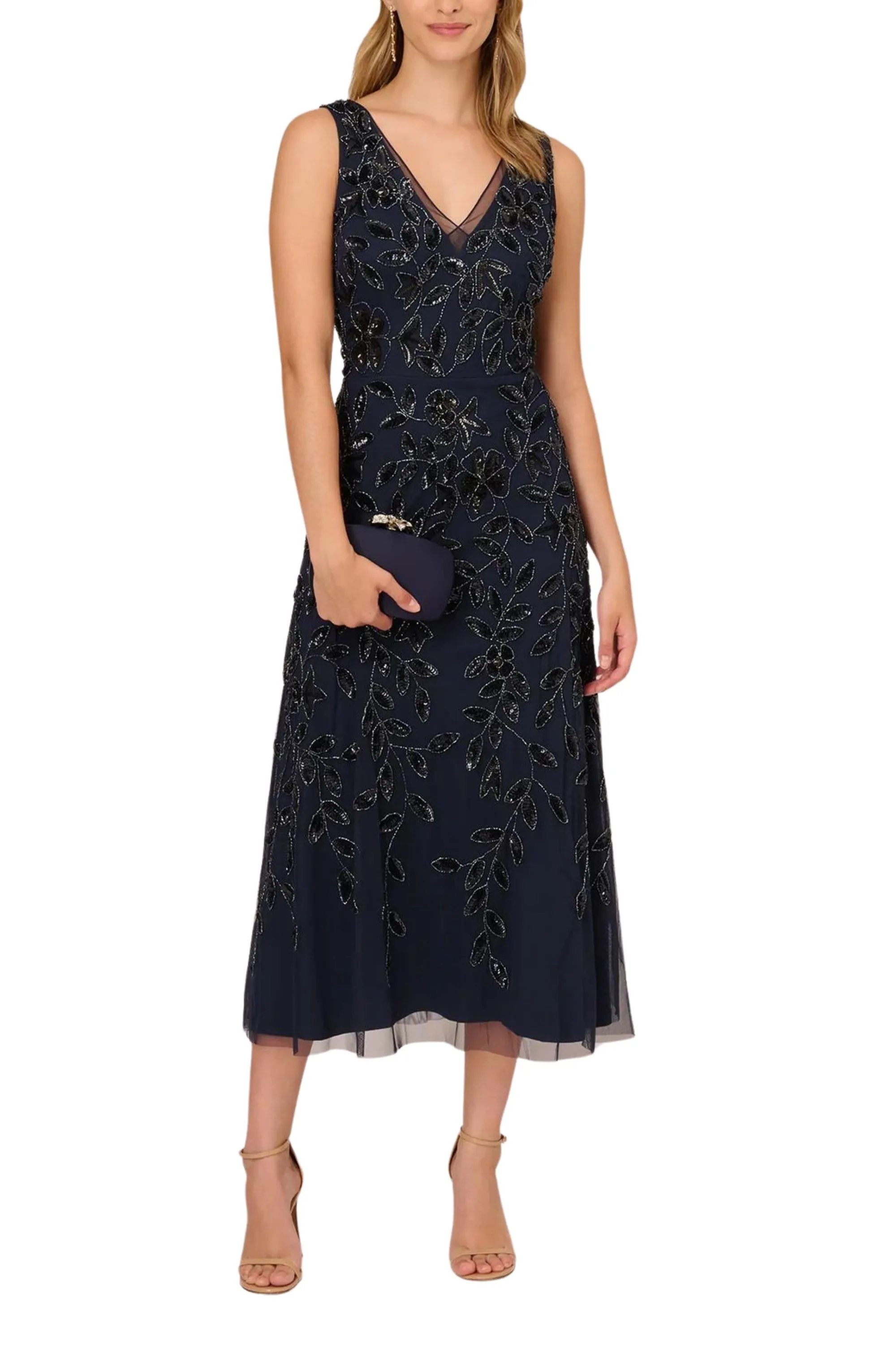 Adrianna Papell Embellished V-Neck Midi Dress