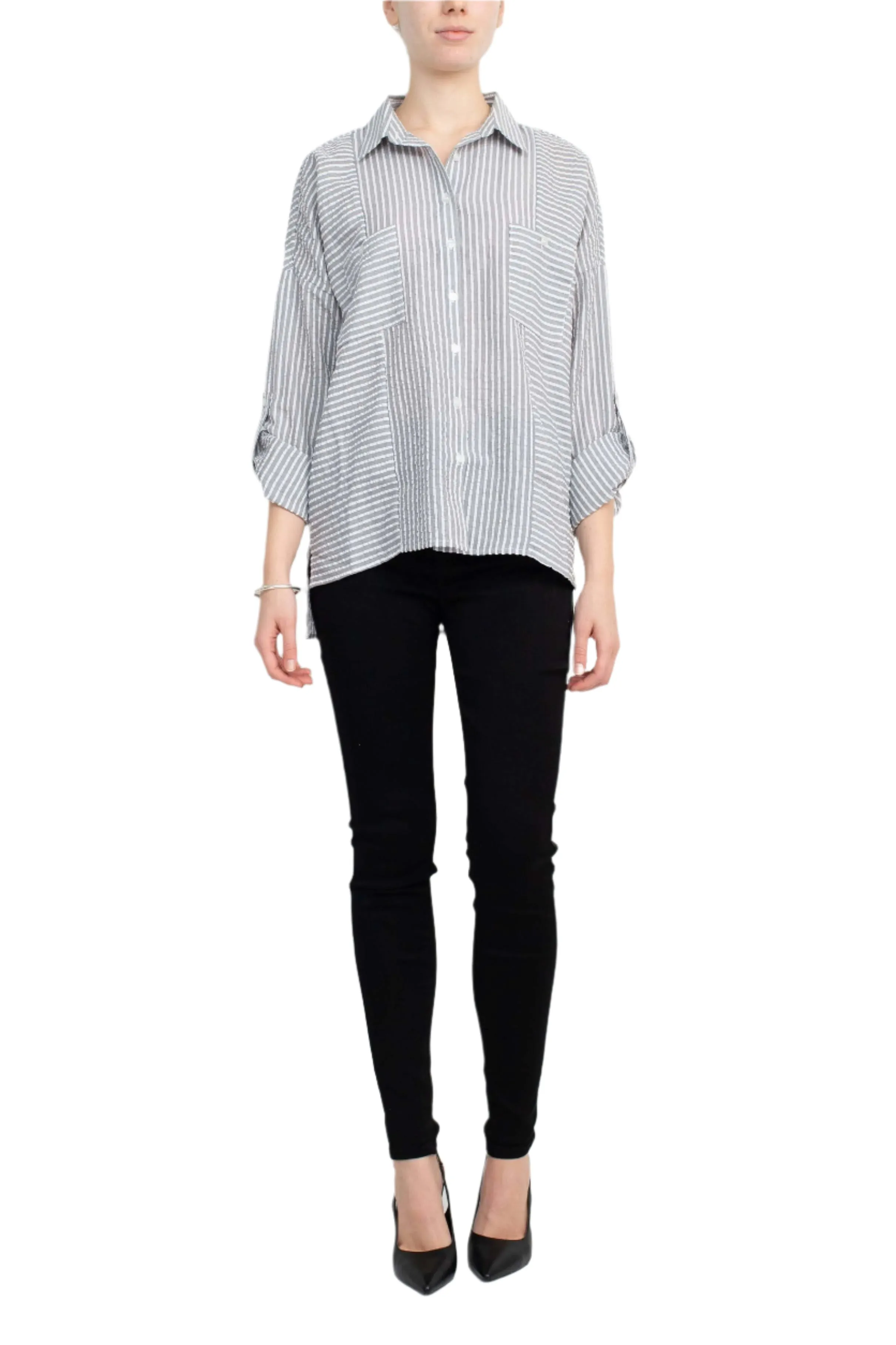 Adyson Parker Collared Button Down 2 Way Sleeve Pockets High Low Hem Polyester Shirt