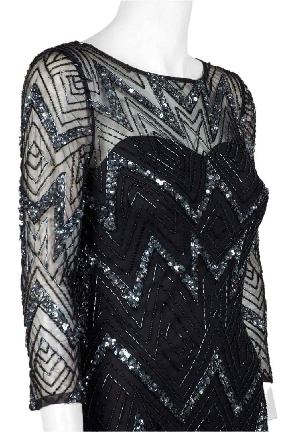 Aidan Mattox Boat Neck Illusion 3/4 Sleeve Zipper Back Embellished Mesh Dress